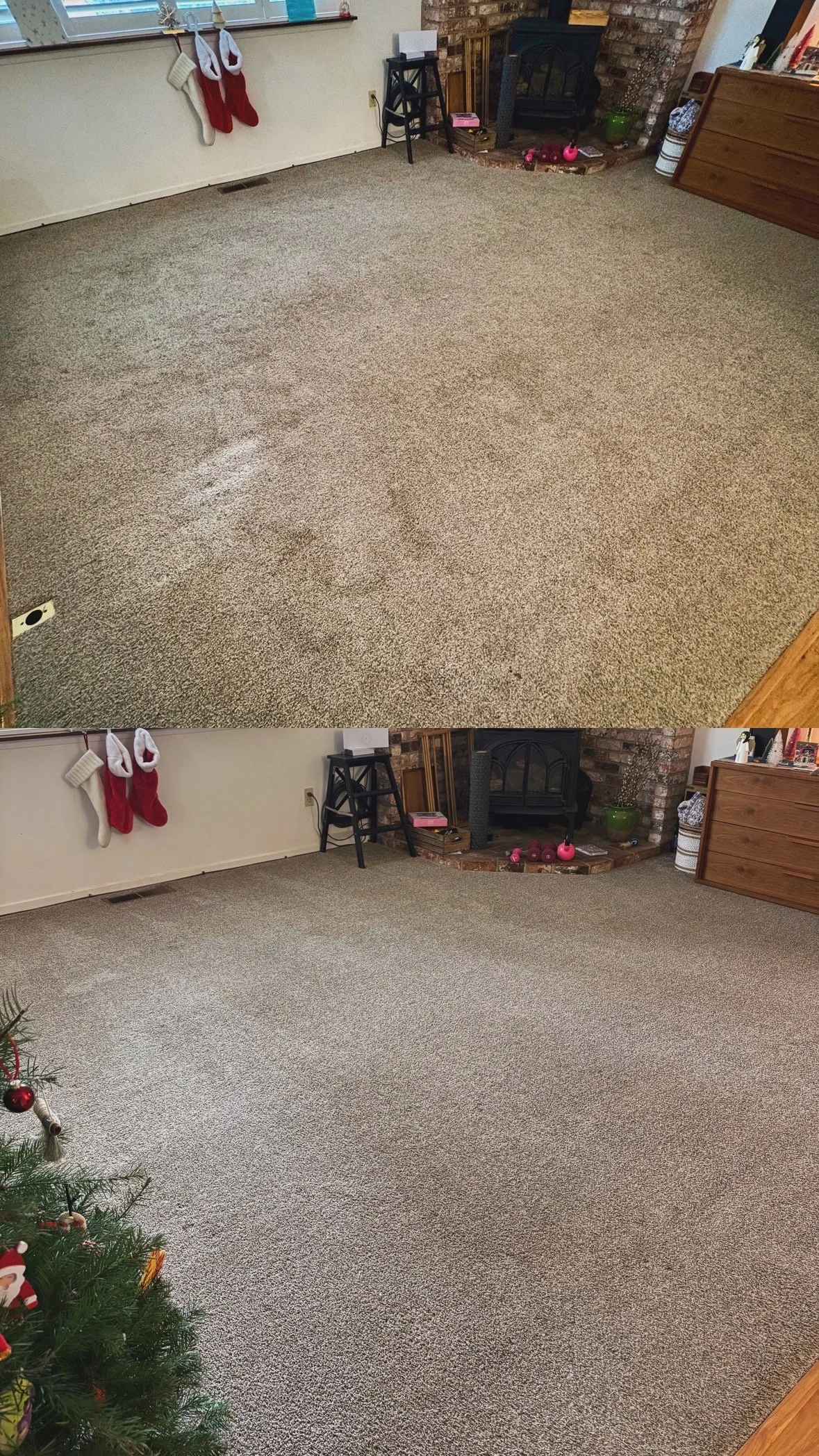 Comparison of a living room carpet before and after hot water extraction carpetcleaning, showing a cleaner, more vibrant appearance in the after image.