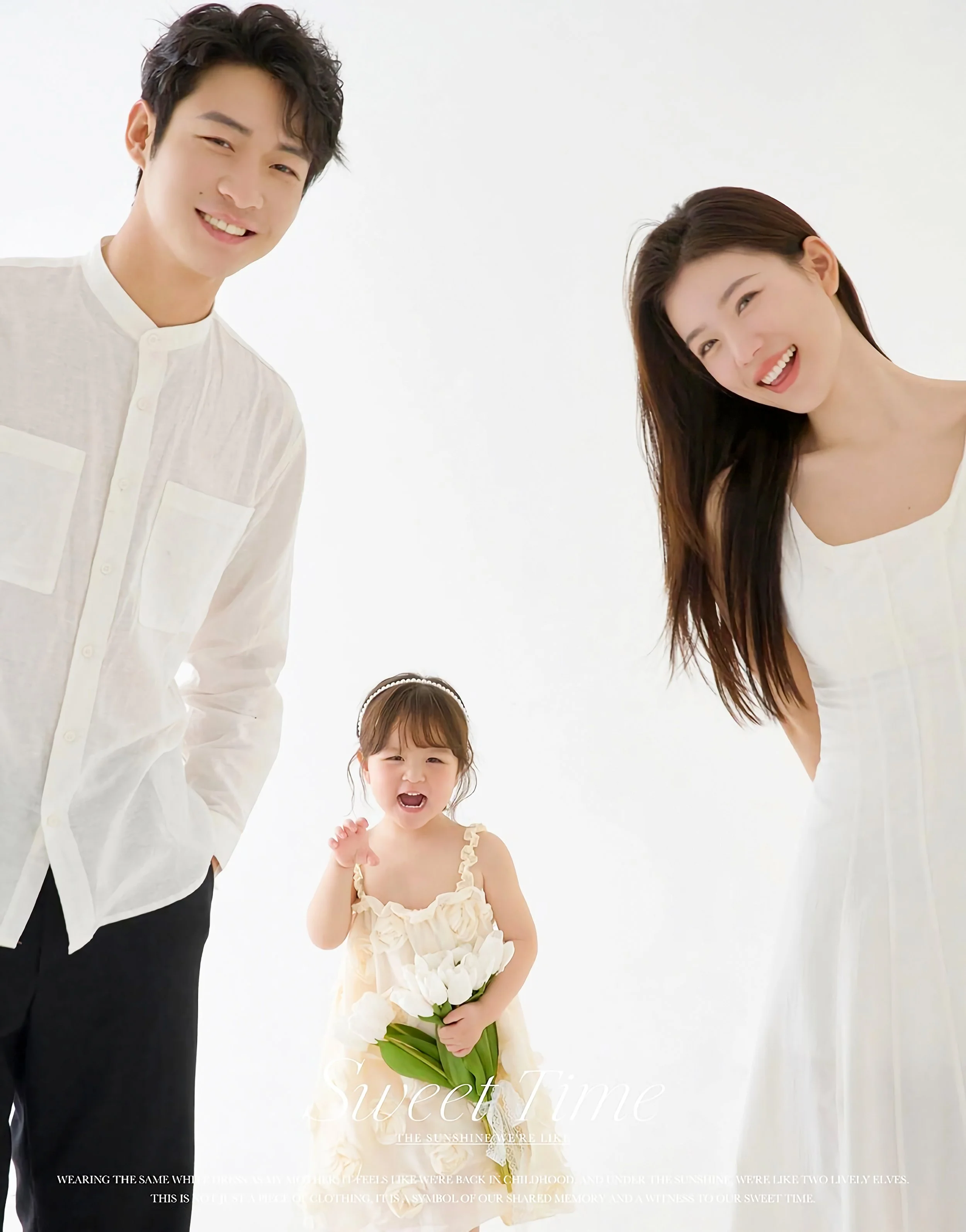 A happy family of three, a man, a woman, and a young girl, standing against a white background. The girl is holding a bouquet of white tulips. The text overlay reads 'Sweet Time' and a paragraph about childhood and shared memories.
