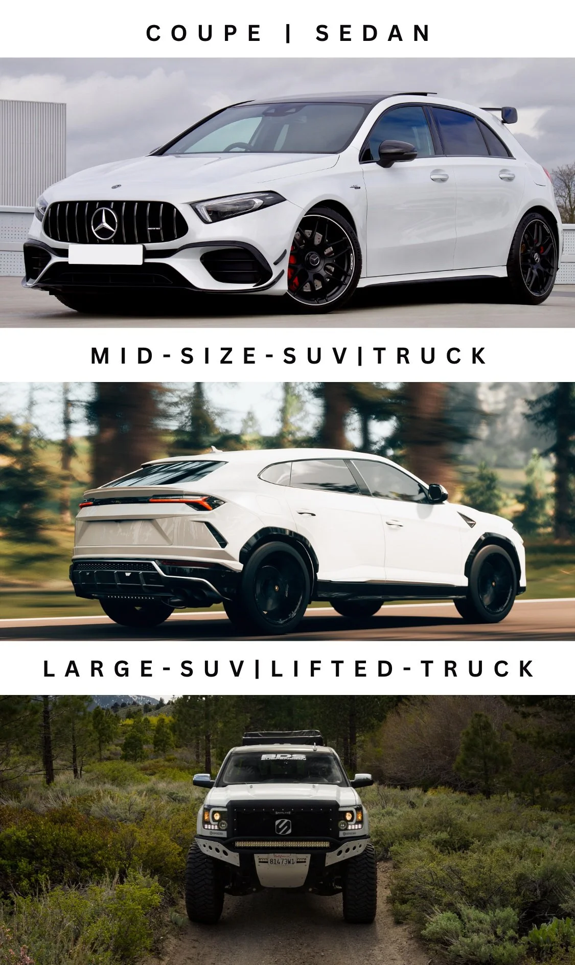 Three different types of SUVs: a white mid-size sedan SUV, a white large SUV lifted truck, and a black off-road truck in a wooded area.