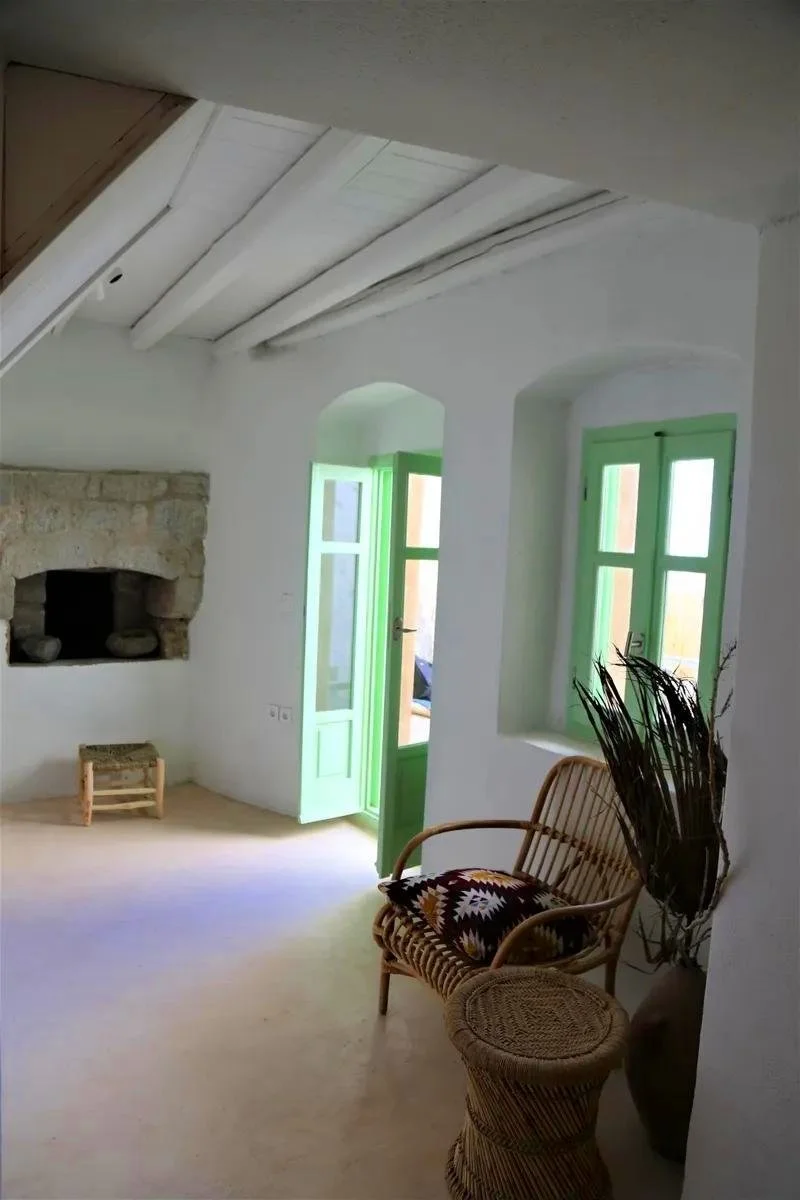 Living room with white walls, green-framed windows and door, stone fireplace, wicker chair with cushion, and natural decor.