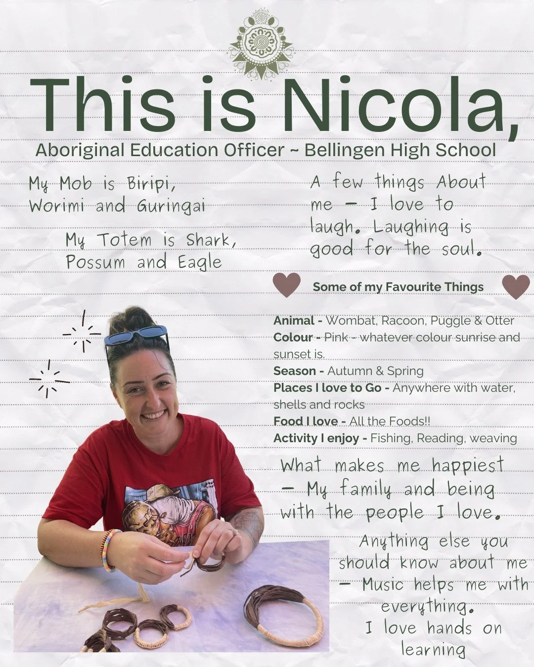 Meet Nicola ~ Aboriginal Education Officer at Bellingen High School and a very special part of the Sista Business journey.

Nicola and I began bringing Sista Business to life together at Bello High in September 2024, and it has been very special to b