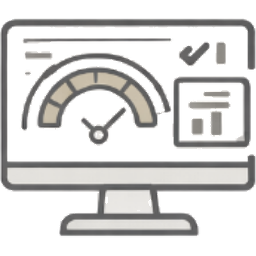 Illustration eines Computerbildschirms mit einem Tachometer, einer Checkmarke und einem Diagramm, die auf Überwachung oder Analyse hinweisen.