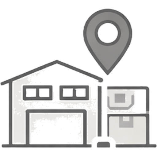Grafische Darstellung eines Hauses mit Lagerboxen und Standortmarkierung.