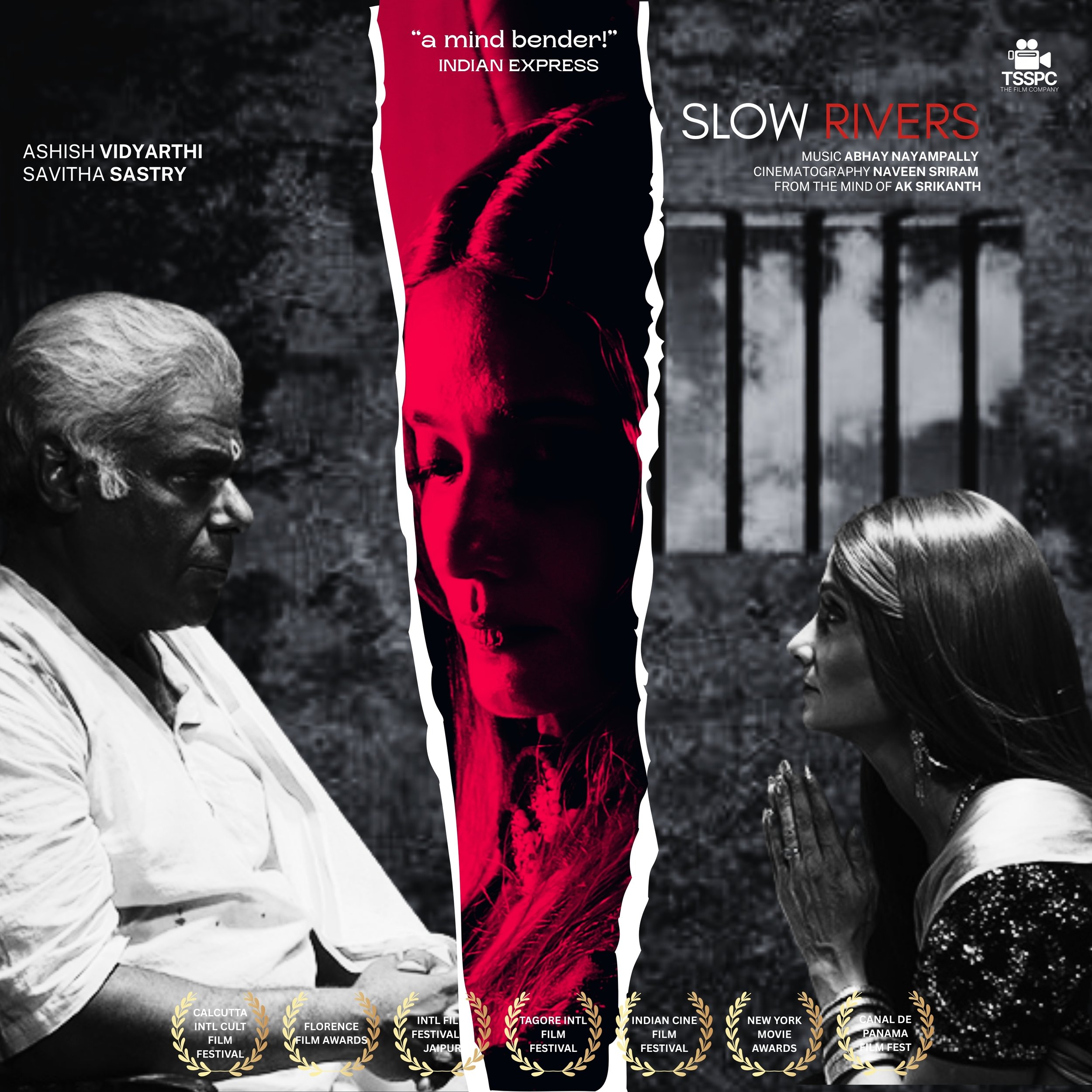 A promotional poster for a play titled "Slow Rivers" features two women, one sitting on a chair and the other kneeling before her with hands in a prayer position. The background is dark and textured. Text includes names Ashish Vidyarathi and Savitha Sastry, and details about the production team.