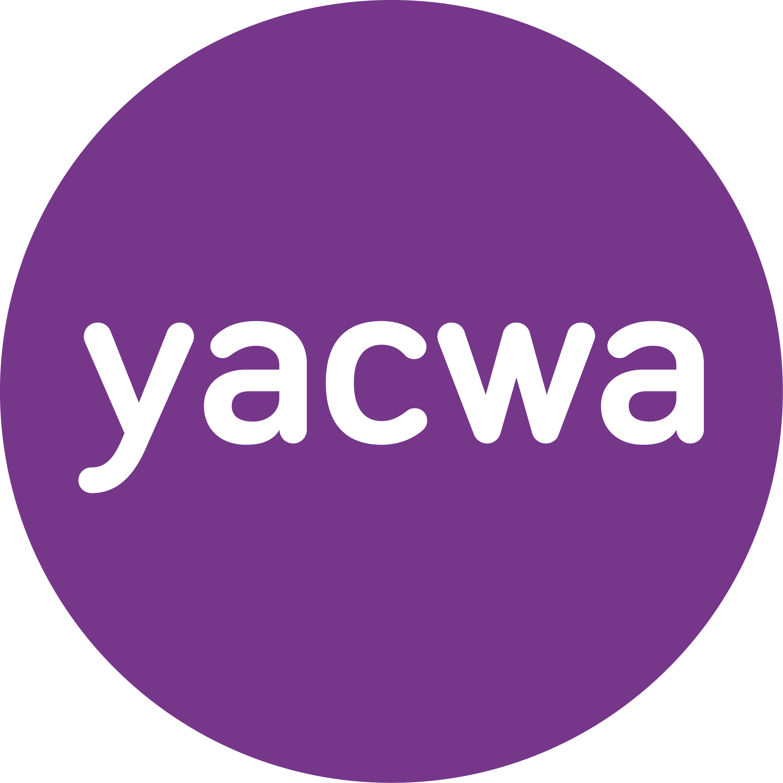 Purple circular logo with the word 'yacwa' in white lowercase letters.