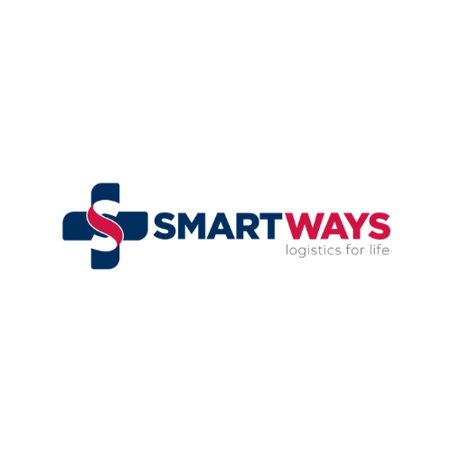 Logo for SMART WAYS logistics for life featuring a stylized cross with a red S in the center and the words SMART WAYS with a tagline Logistics for Life.