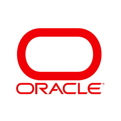 Oracle logo with red oval and the word 'ORACLE' below it.