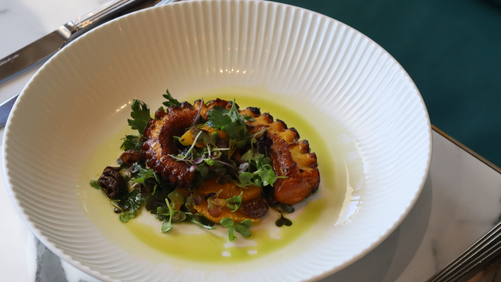 Grilled octopus tentacle garnished with microgreens and served with olive oil on a white textured plate.