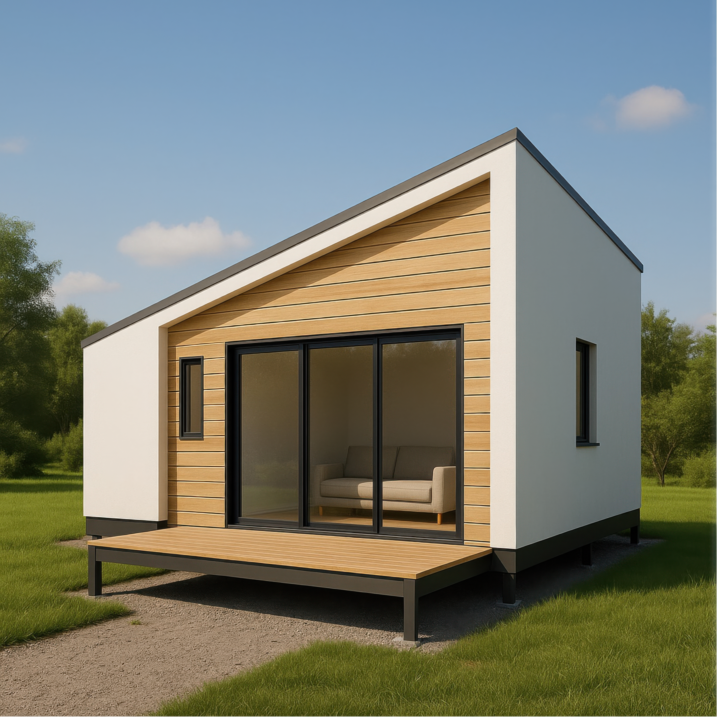 Modern small house with white exterior, wooden accents, and large sliding glass door, situated on a green lawn with trees in the background.