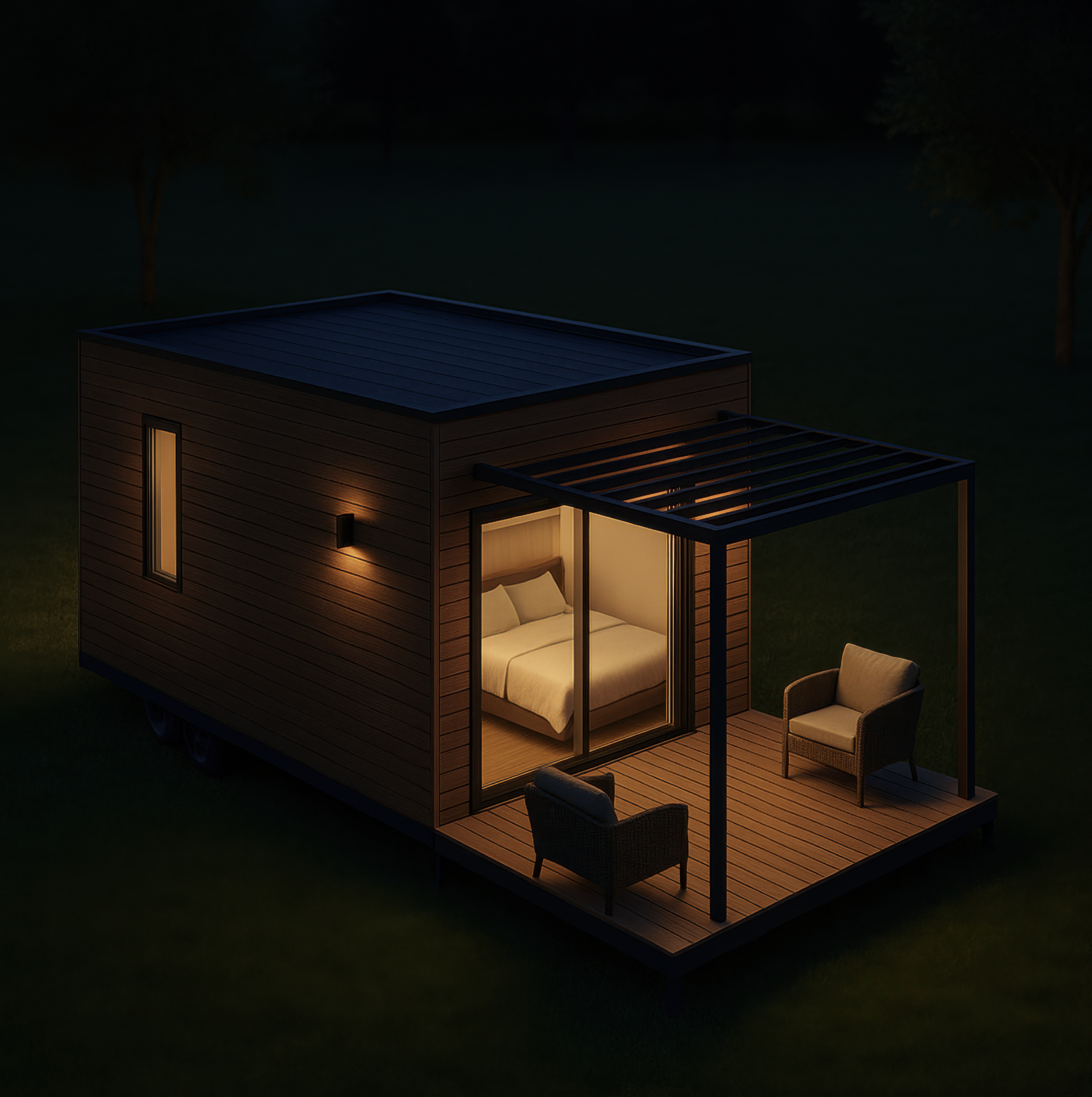 Interior view of a house under construction with blue steel framing and a large sliding glass door, overlooking a grassy field and trees outside.