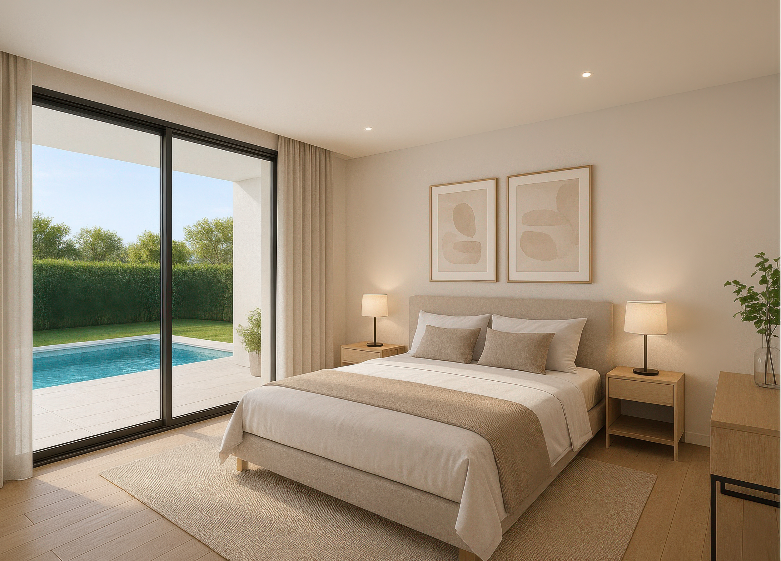 Cozy bedroom with a large bed, neutral bedding, and minimalist artwork above. Nightstands with lamps on each side. Sliding glass door leads to a patio with a pool and green backyard.