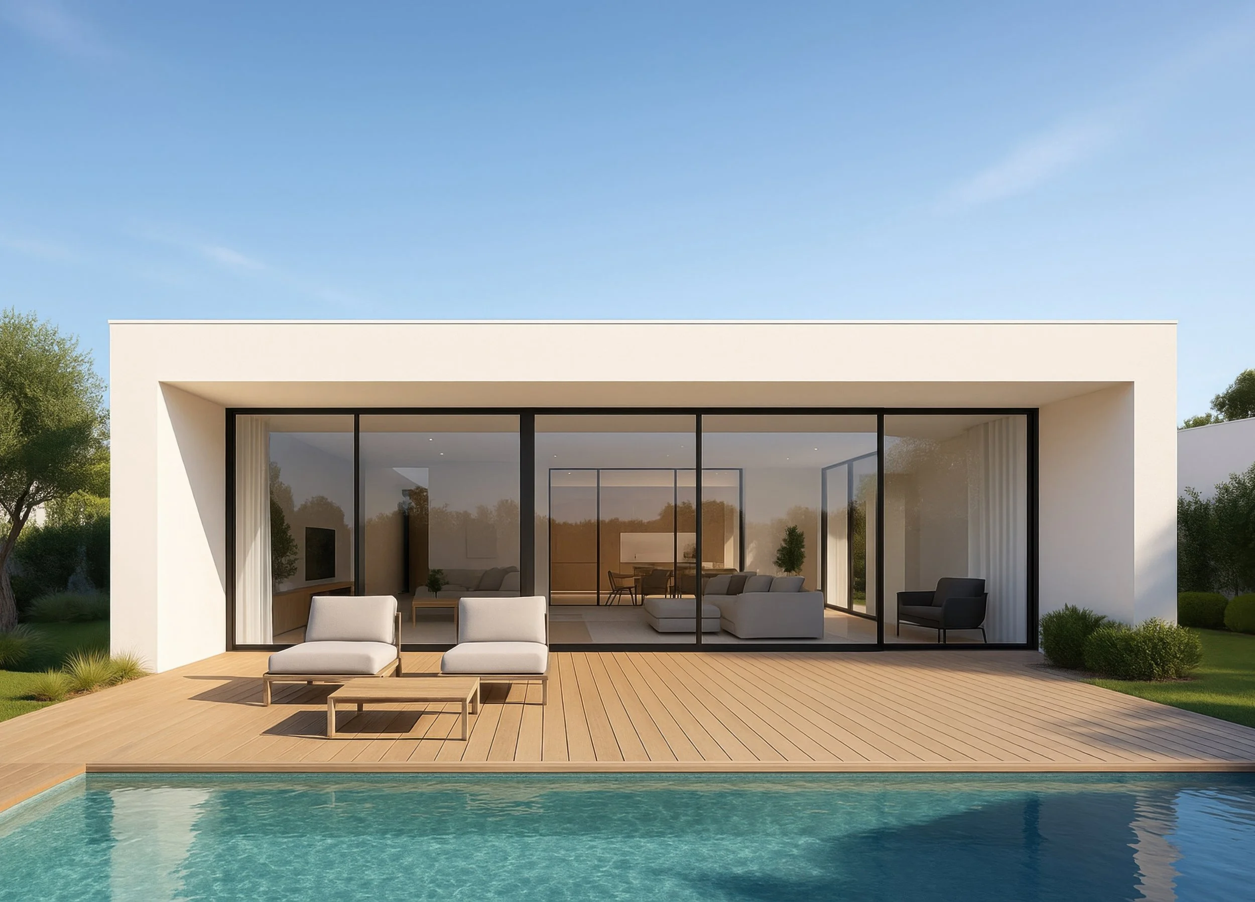 Modern house with large glass sliding doors, wooden deck, outdoor lounge chairs, and a swimming pool in the foreground with a clear blue sky.