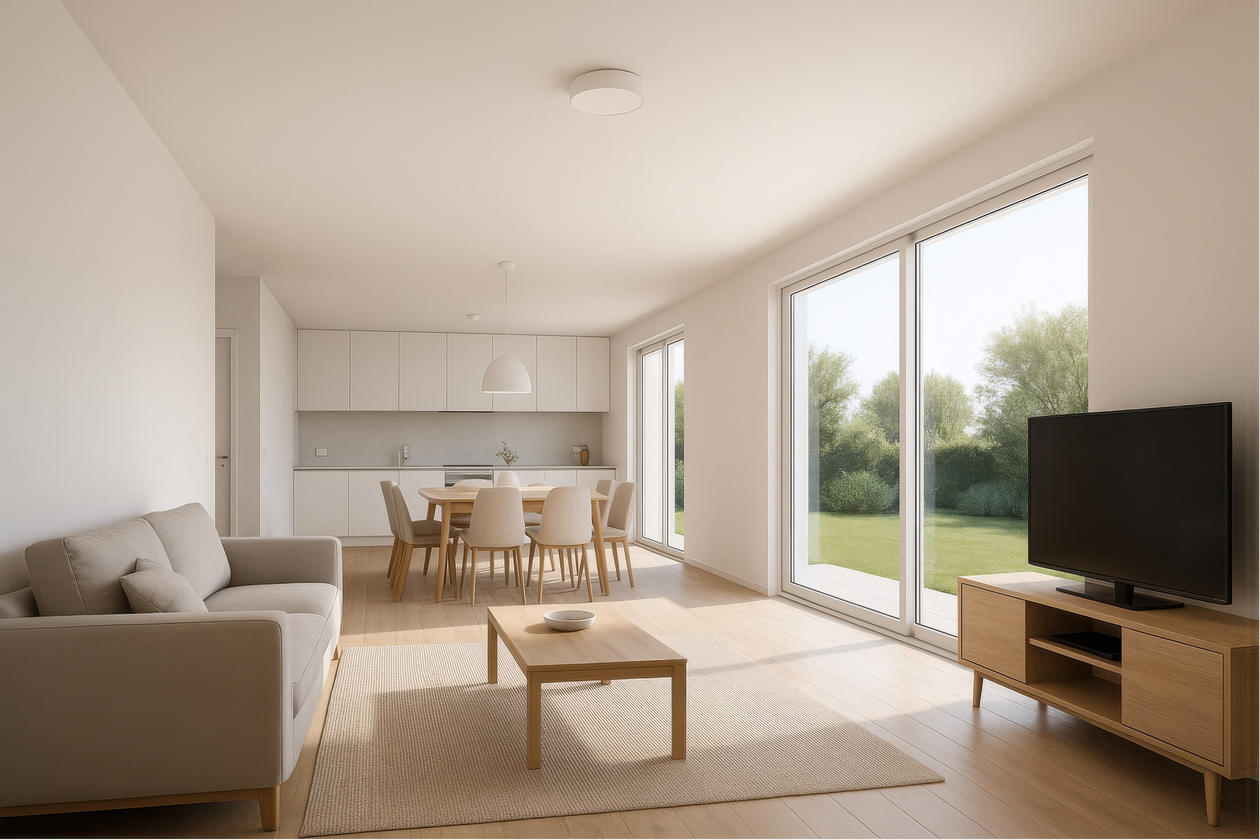 Bright, minimalist living room and dining area with large windows showing a green outdoor landscape, a beige sofa, a wooden coffee table, a TV on a wooden stand, and a dining table with six chairs.