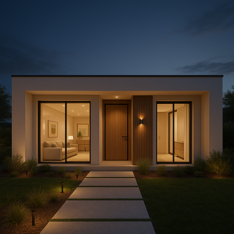Modern house at dusk with illuminated interior, wooden front door, large glass windows, surrounded by landscaped yard.