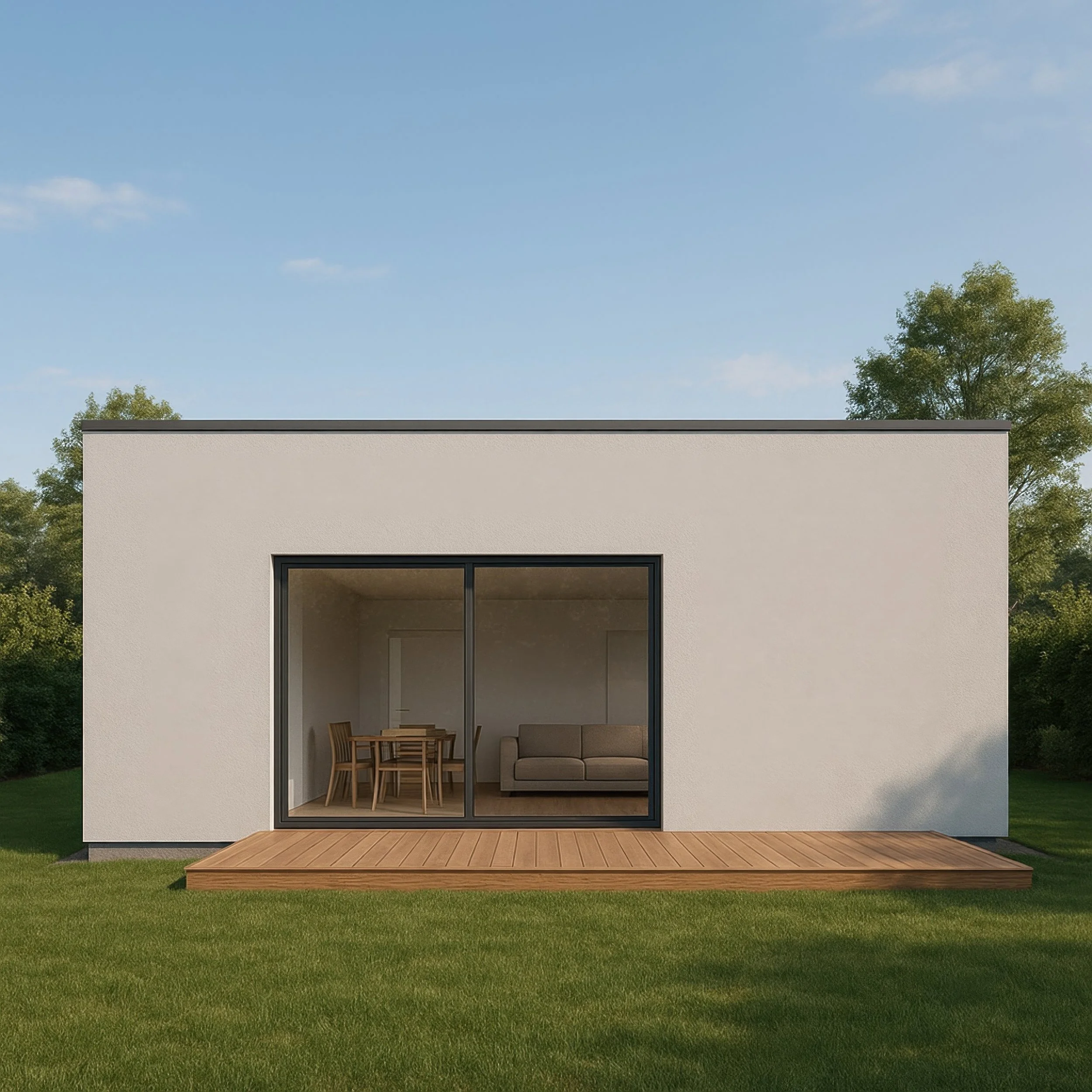 Front view of a modern white house with large glass sliding door leading to a wooden deck, with grass lawn and trees in the background under a partly cloudy sky.
