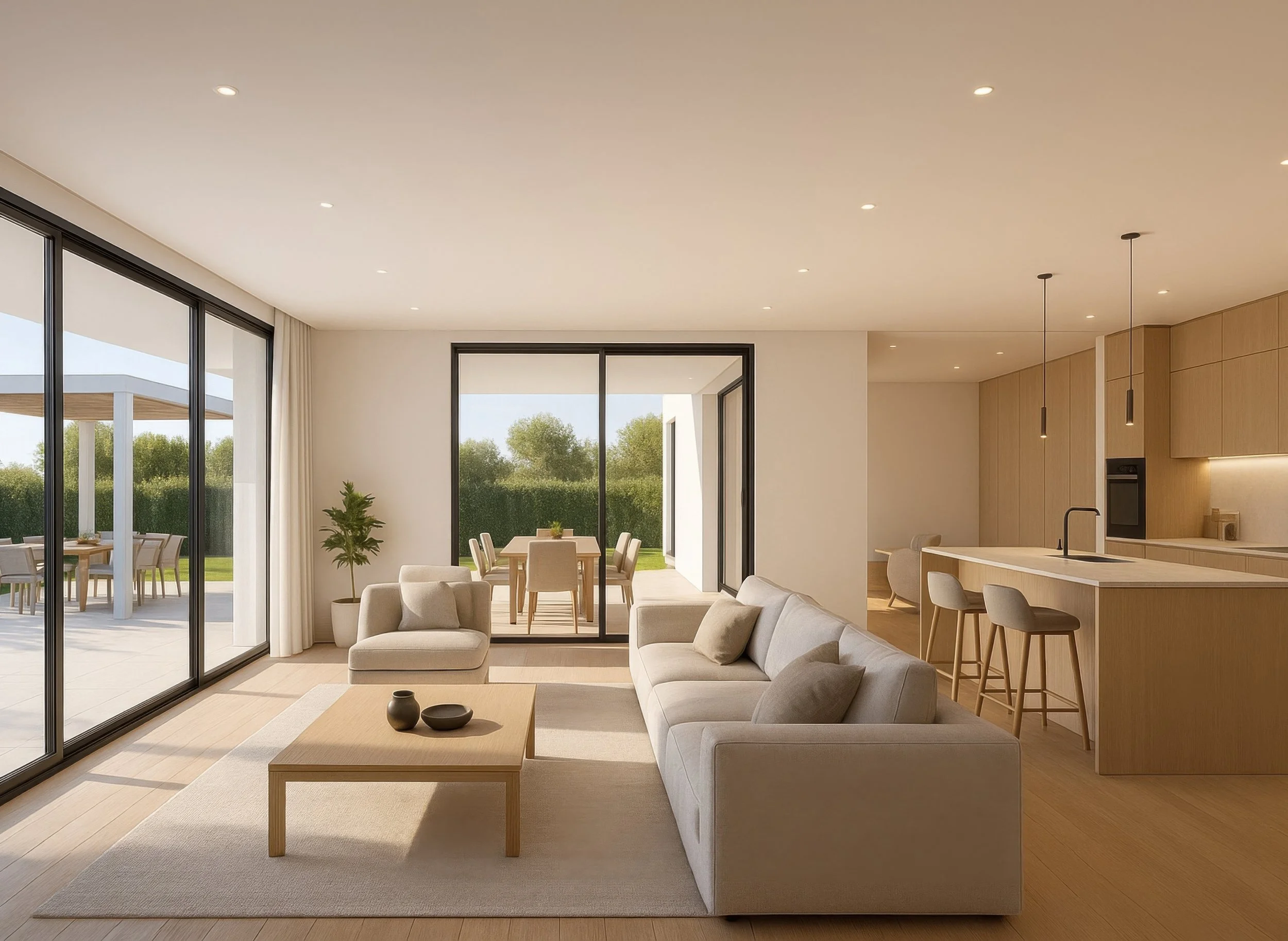 Bright living room with large sliding glass doors leading to outdoor patio, beige sofa, and dining area with outdoor table and chairs.