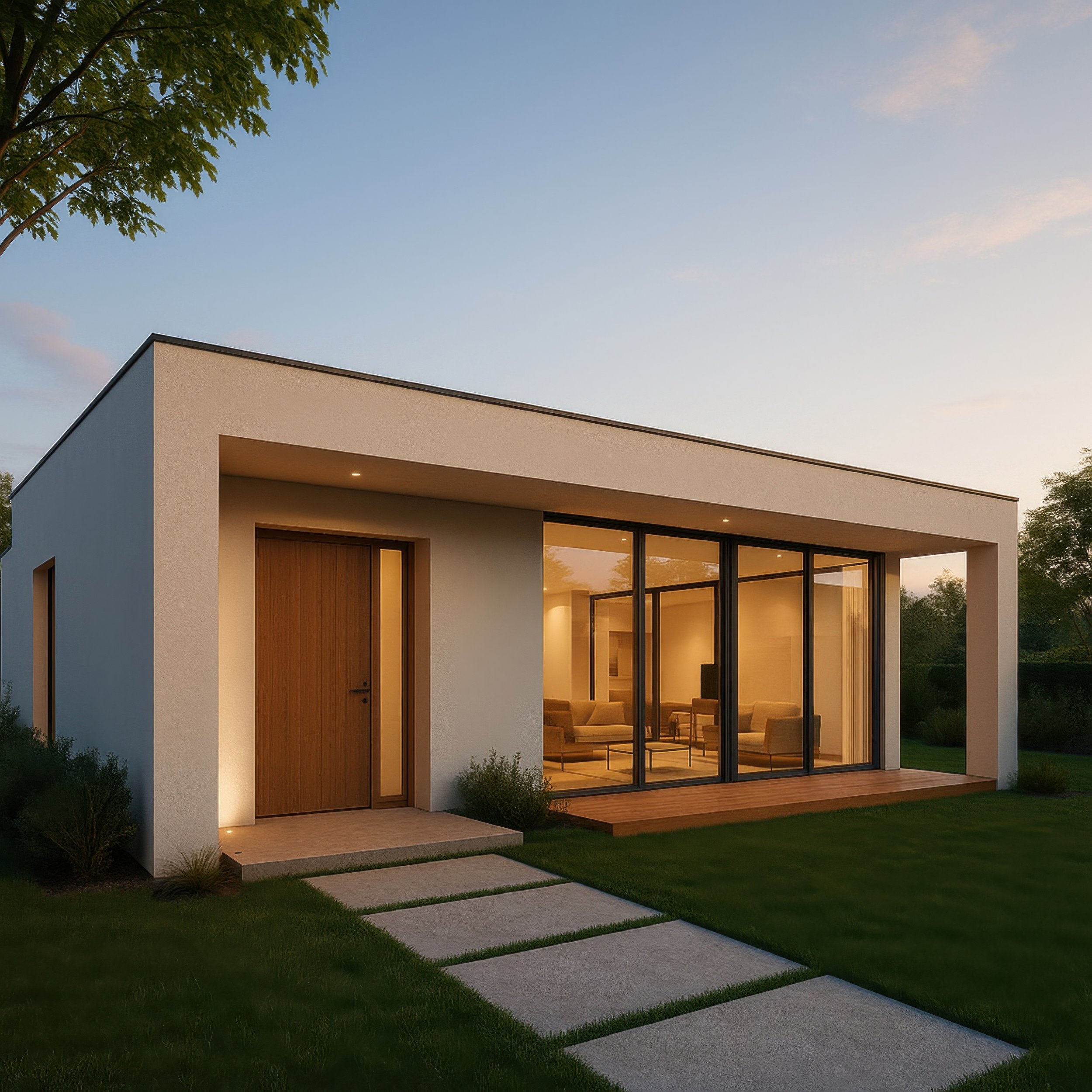 Modern single-story house with a flat roof, white exterior walls, large glass sliding doors, a wooden front door, and a small front porch, surrounded by a well-maintained lawn and trees, during sunset.