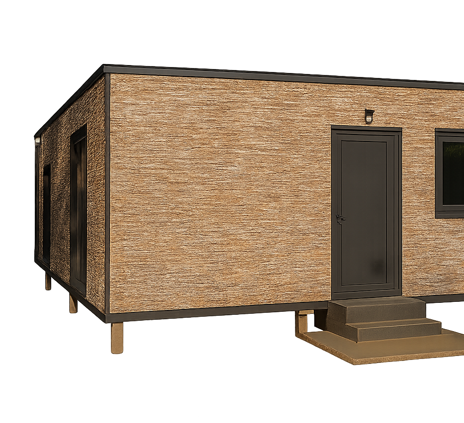 A small, rectangular building with a beige, textured exterior, a black door with stairs, and a window, set against a background of night sky with blue streaks of light.