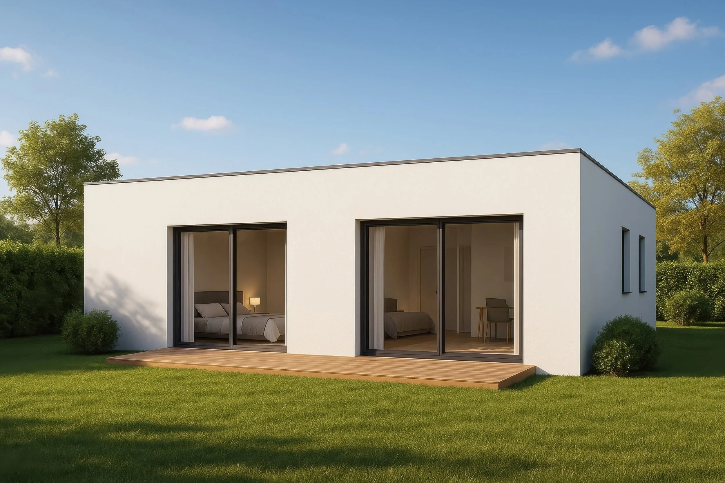 Modern white house with large glass sliding doors opening onto a wooden deck, surrounded by green grass and trees under a blue sky.