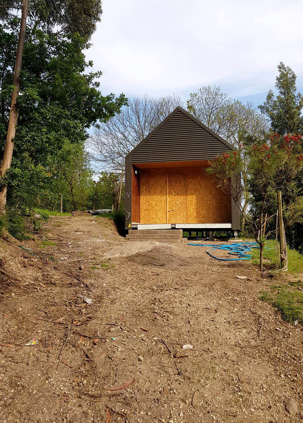 An unfinished small house or shed with plywood walls and black siding, located on a dirt path with surrounding trees and bushes, in a rural or semi-rural setting.