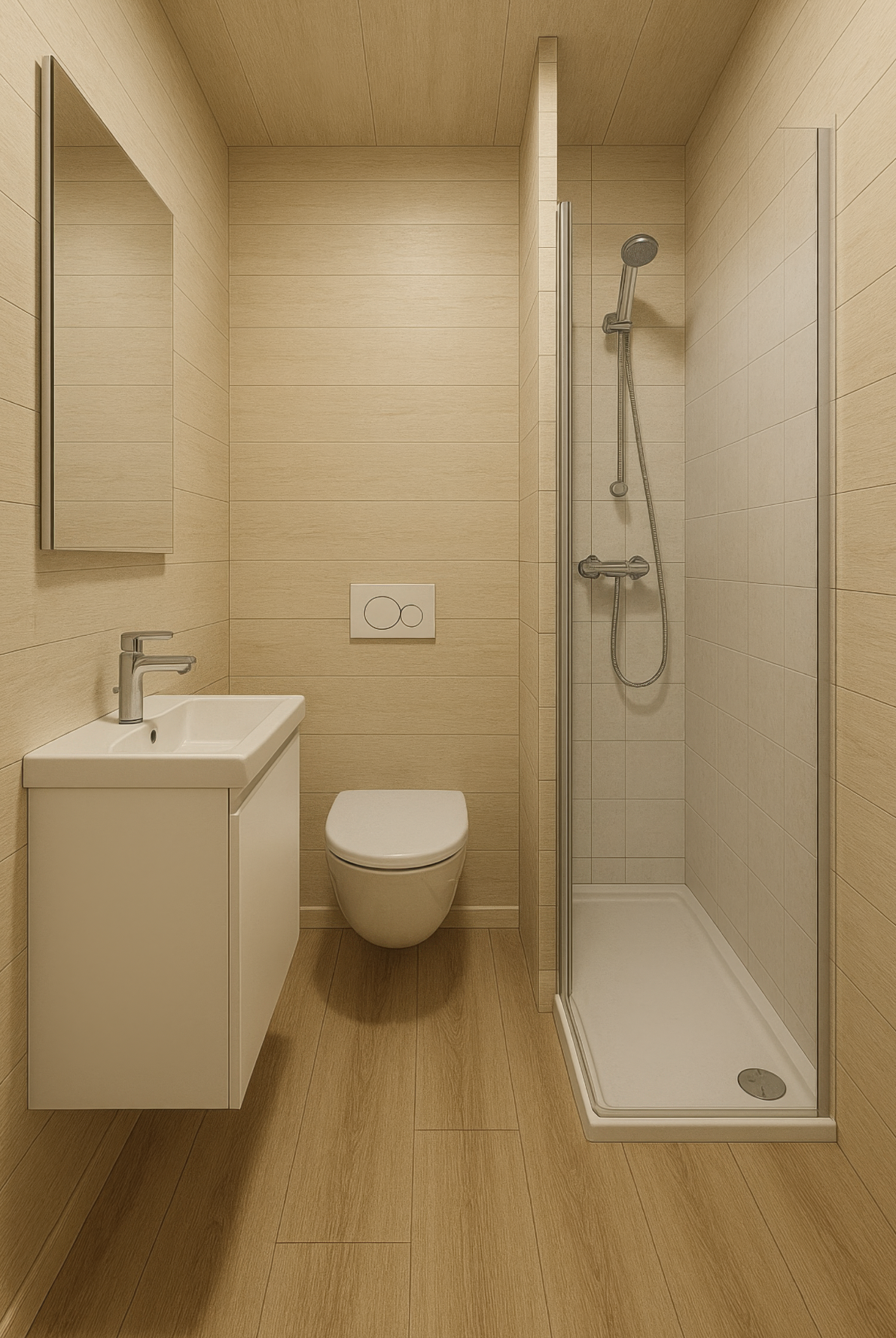 Minimalist bathroom with wooden flooring, a sink with a mirror, a wall-mounted toilet, and a walk-in shower with glass door.