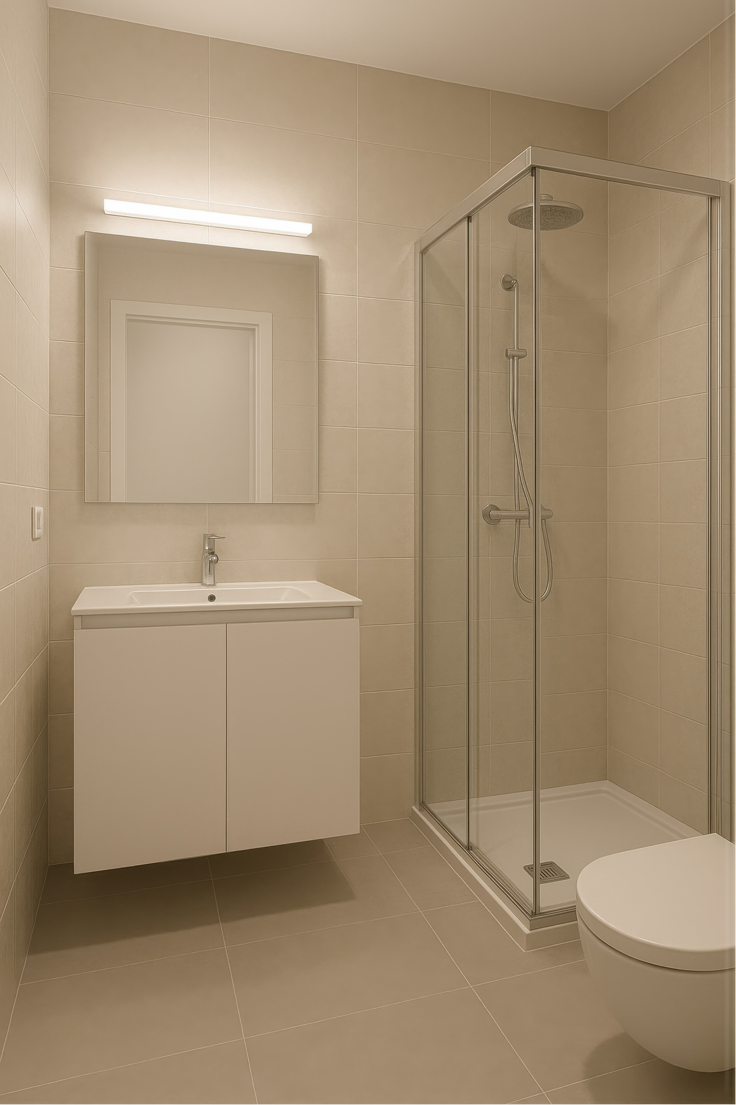 Modern bathroom with a white wall-mounted sink cabinet, a mirror, a shower enclosure with a glass door, and a white toilet.