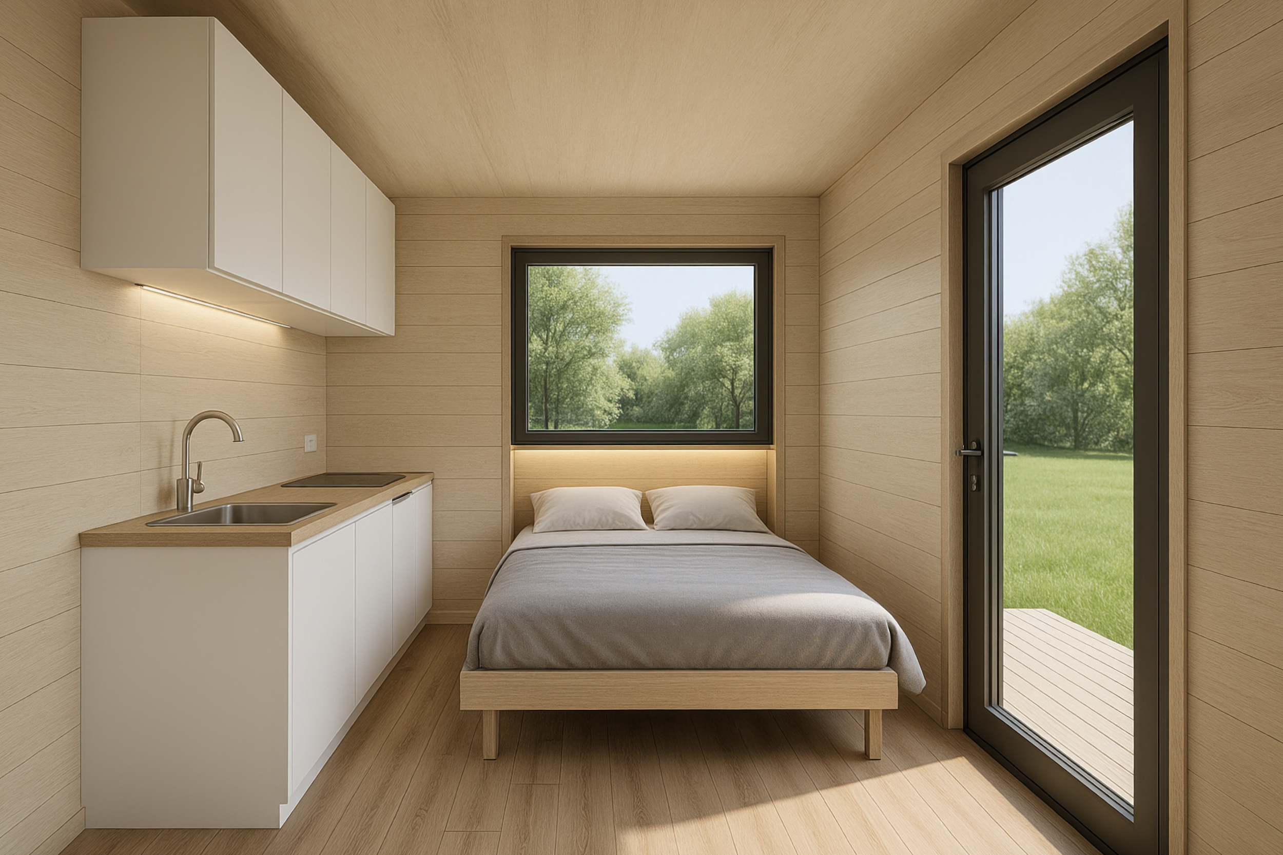 Under construction blue steel house frame on dirt lot with cloudy sky.