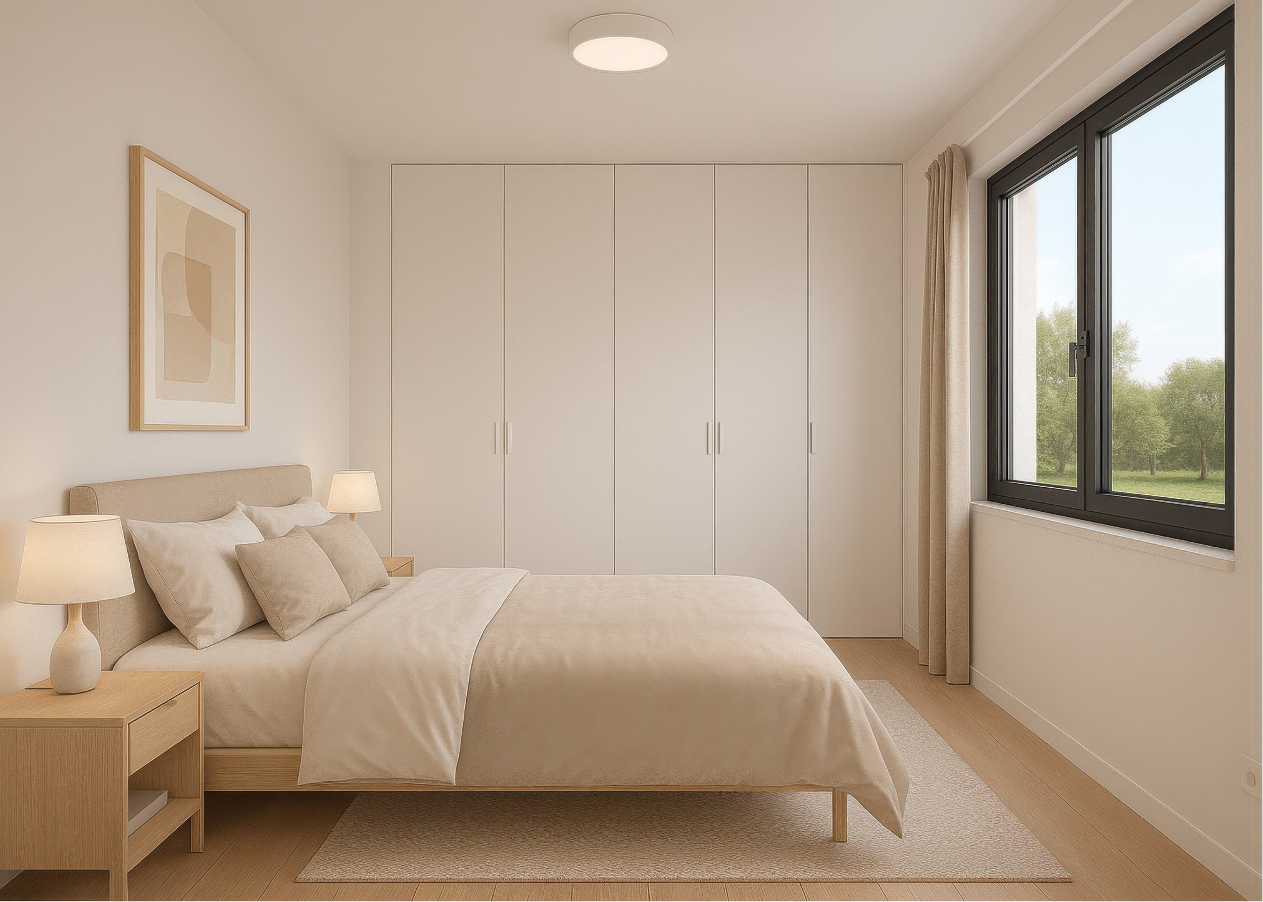 A minimalist bedroom with a beige bed, matching pillows, two bedside lamps, a small desk, and a large window showing a view of green trees.