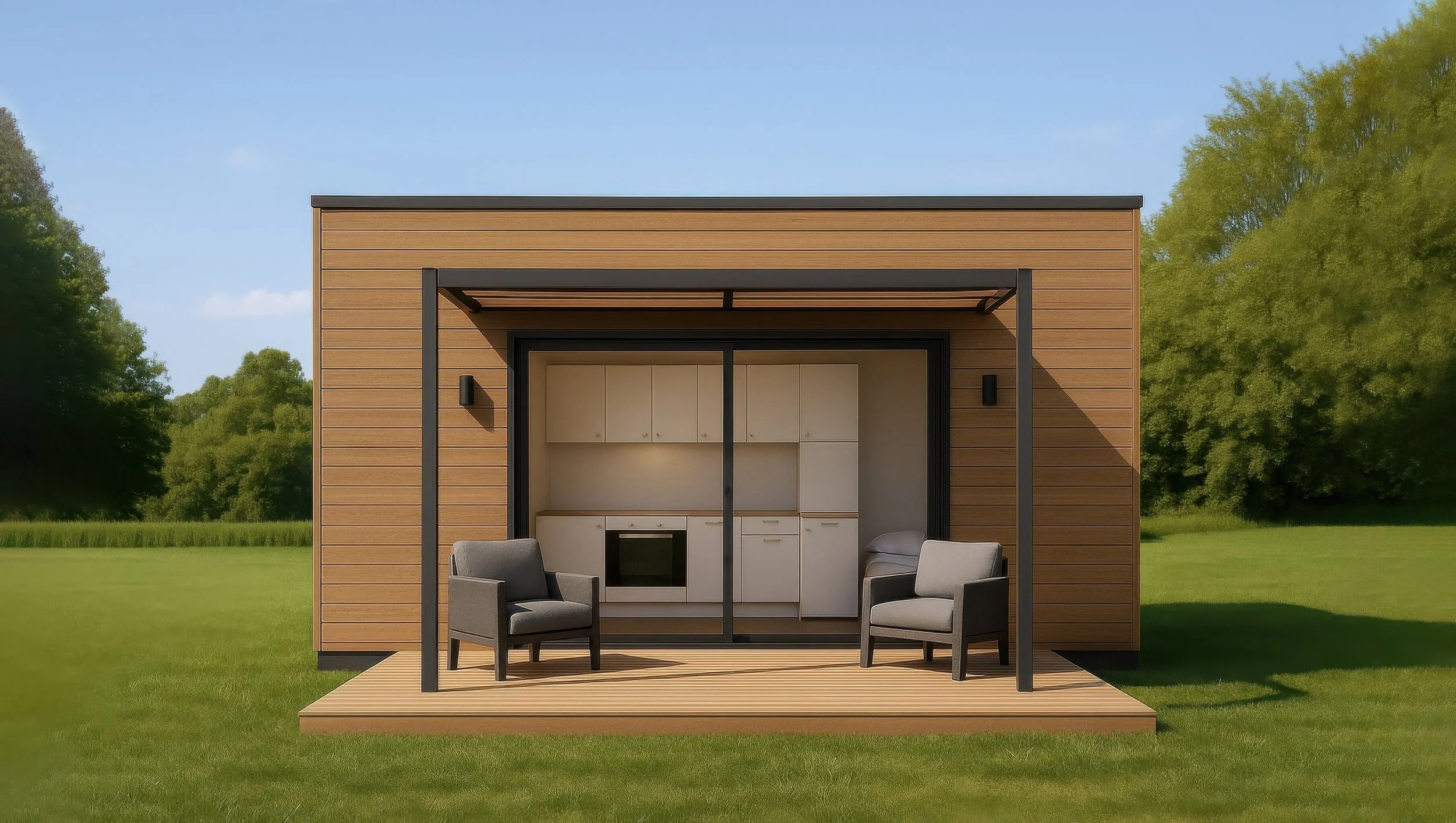 A house in the process of construction, with a framed blue steel structure on the right and a completed section with a wooden garage door on the left.