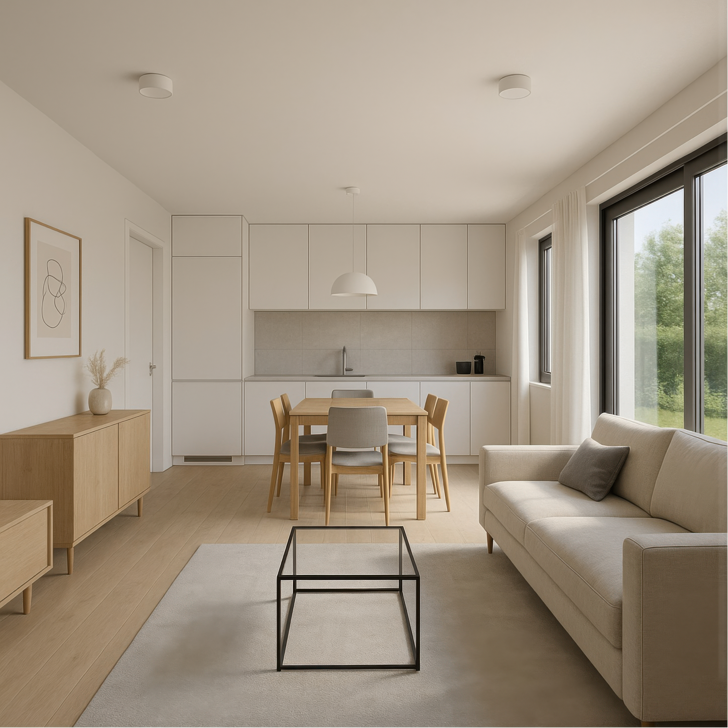 Minimalist open-concept living and kitchen area with large windows, beige sofa, wooden dining table with chairs, light wood flooring, and white cabinetry.