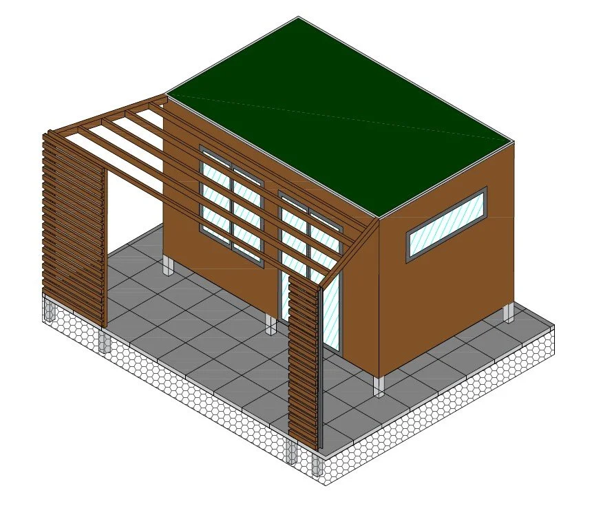 Minimalist modern interior with large window, staircase, mirror, and red cloth on bench.