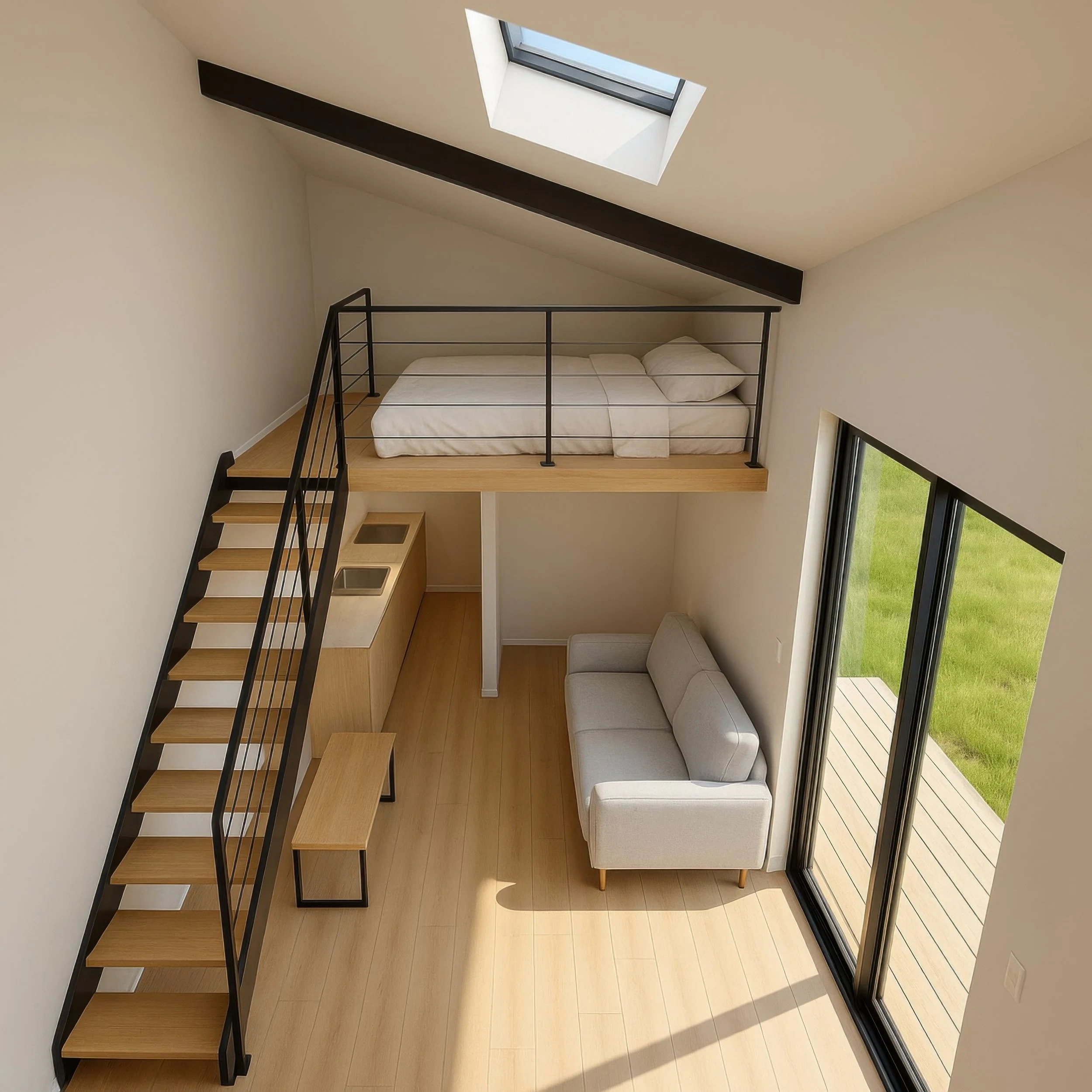 Interior view of a minimalistic living space with a loft bed, a small couch, a wooden staircase, and floor-to-ceiling windows with a sliding door to an outdoor green lawn.