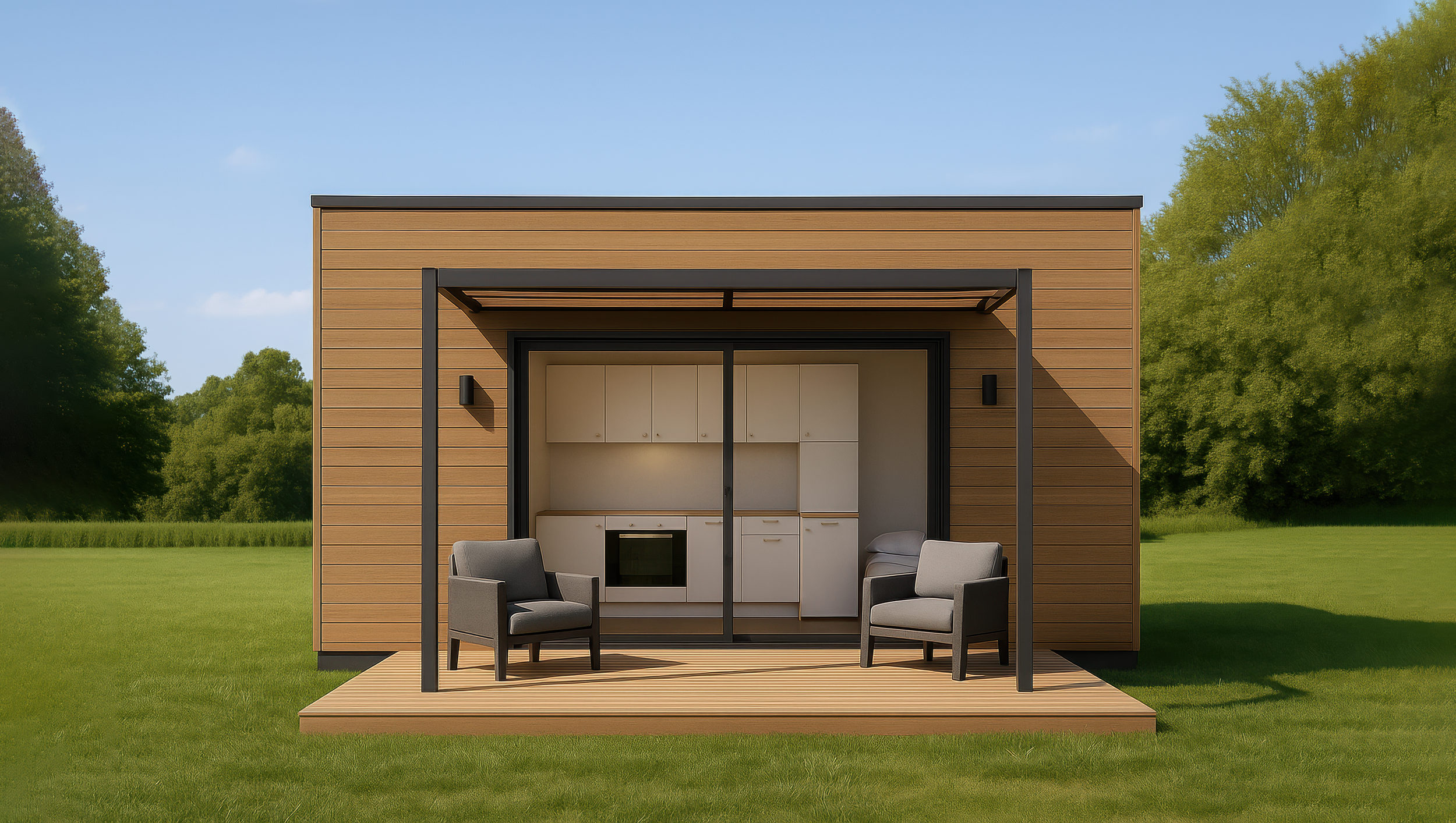 A house in the process of construction, with a framed blue steel structure on the right and a completed section with a wooden garage door on the left.