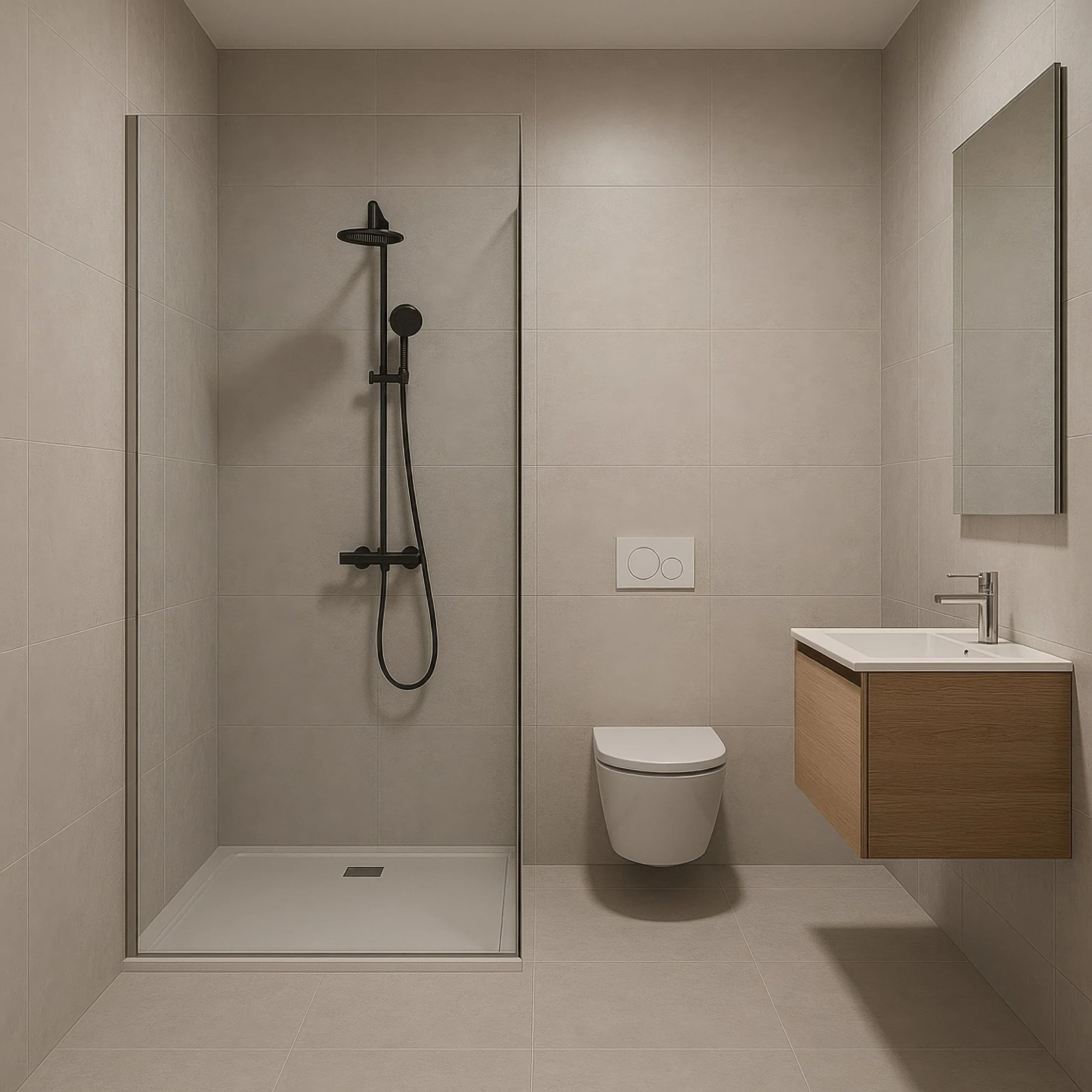 Modern bathroom with walk-in shower, wall-mounted toilet, and floating wooden vanity with a mirror.
