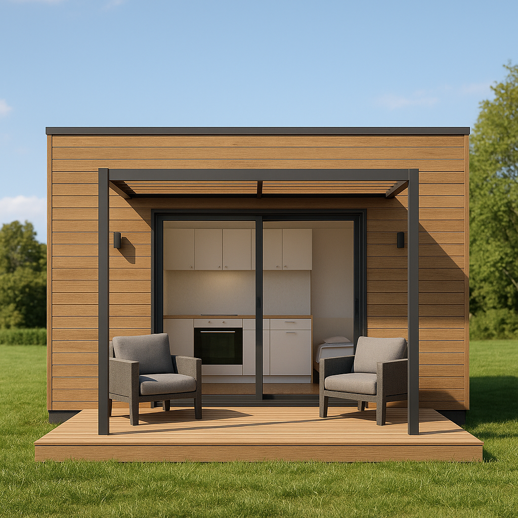 Small wooden cabin with a front porch, two gray chairs, and sliding glass doors leading to a kitchenette inside, surrounded by green grass and trees against a blue sky.