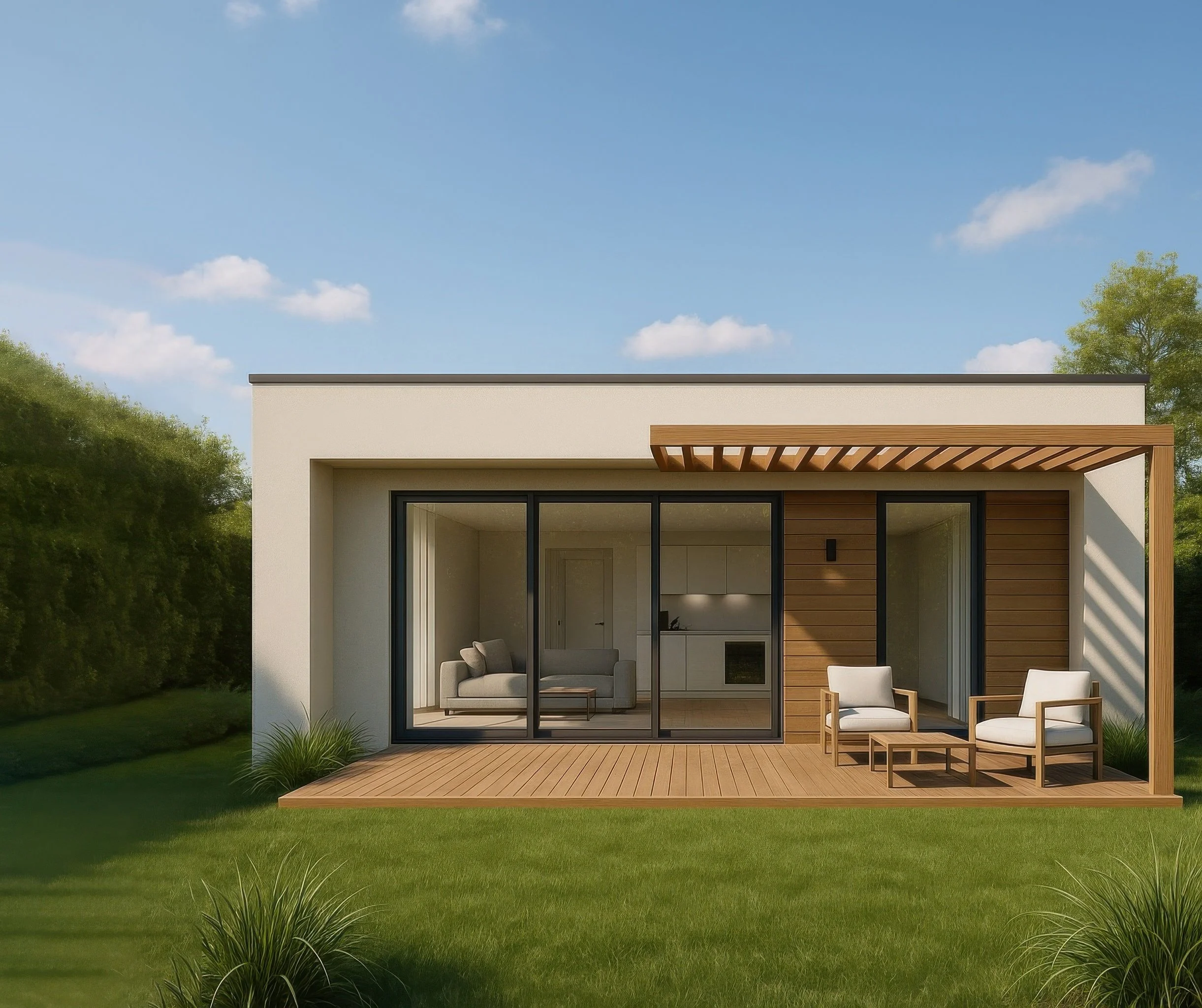 A house in the process of construction, with a framed blue steel structure on the right and a completed section with a wooden garage door on the left.