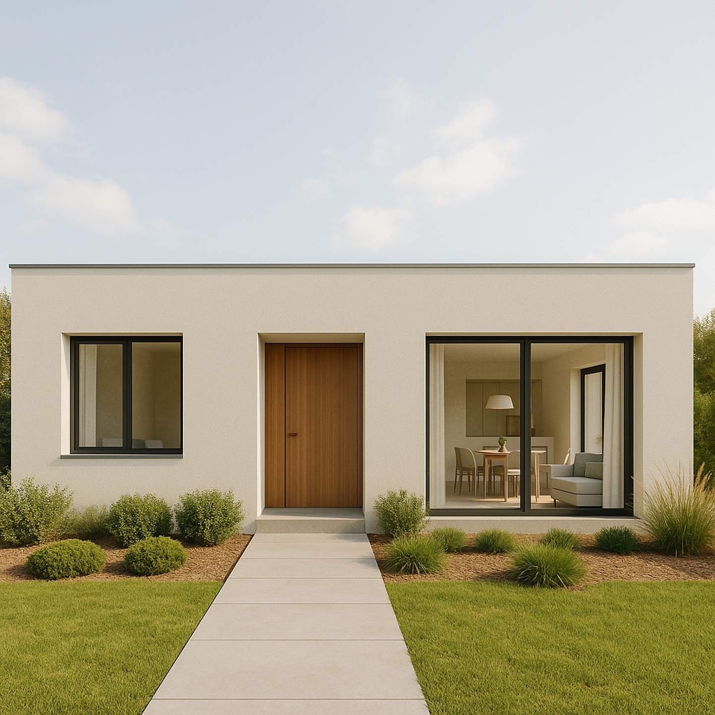 Modern single-story house with white exterior, wooden front door, large front window, and sliding glass door revealing living room inside, surrounded by a lawn and landscaped bushes.