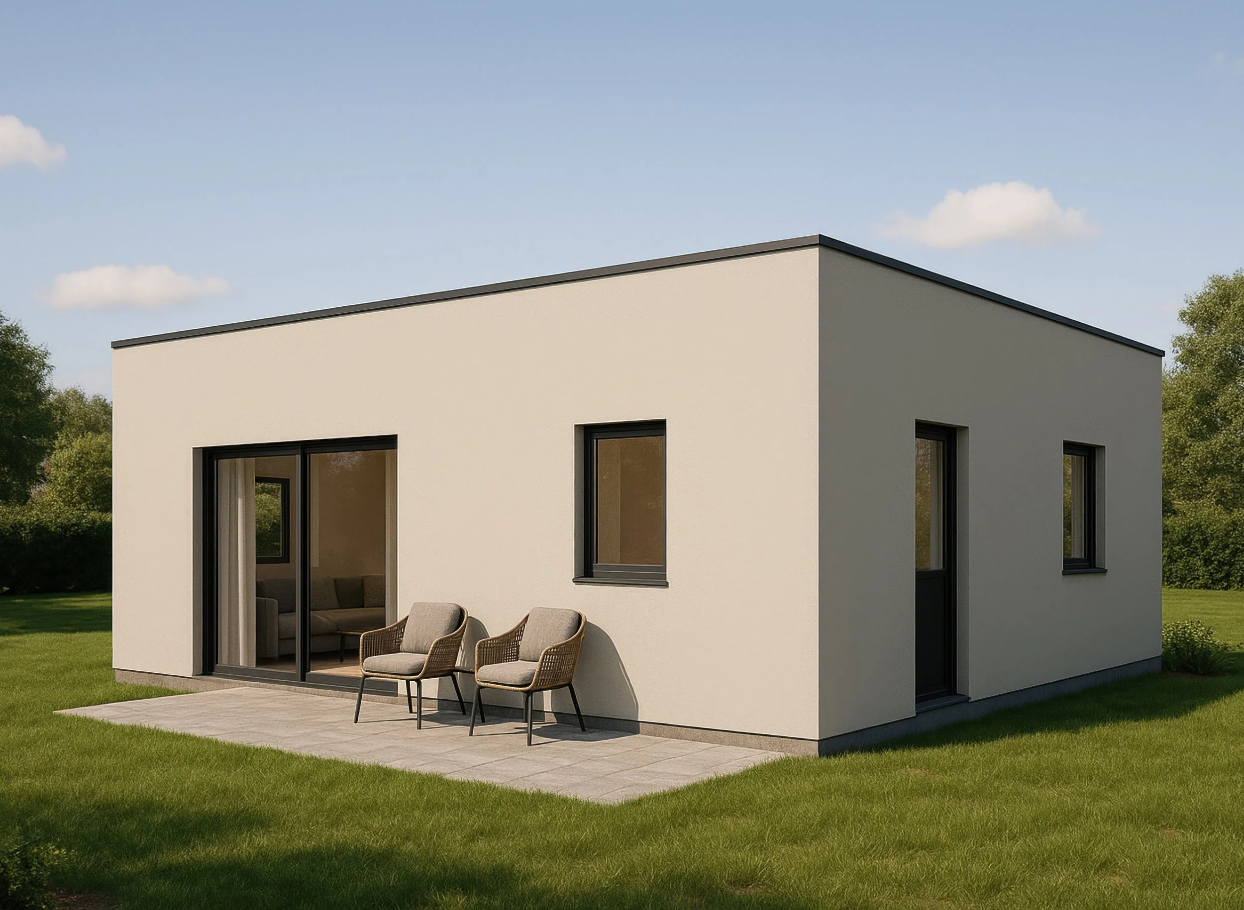 Interior view of a house under construction with blue steel framing and a large sliding glass door, overlooking a grassy field and trees outside.