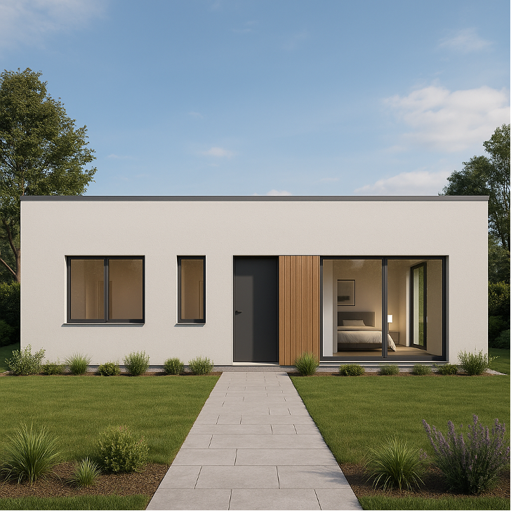 A modern, single-story house with a flat roof, white exterior walls, large sliding glass doors, and a wooden deck, surrounded by green grass and trees.