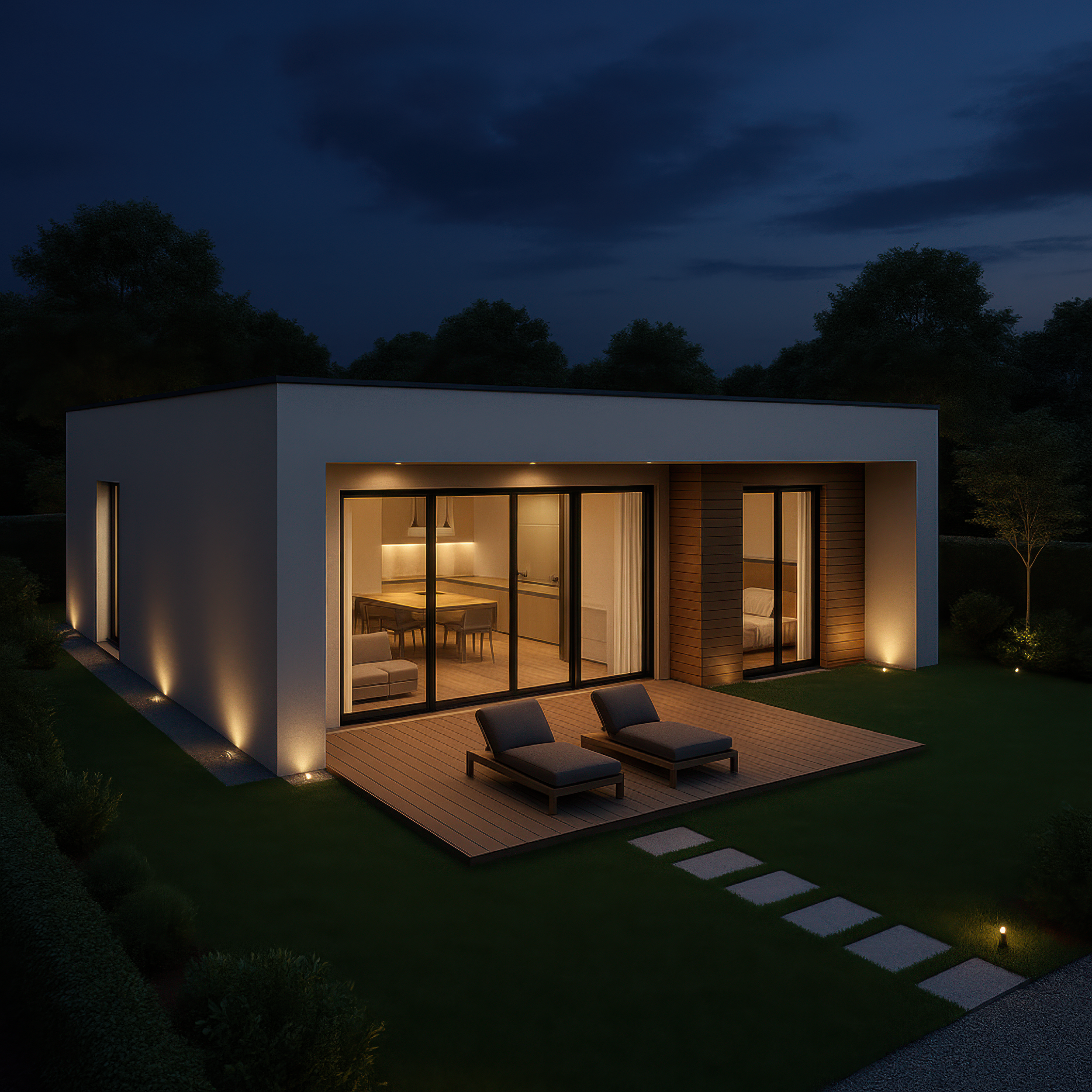 Modern single-story house with large glass sliding doors, illuminated interior, wooden deck with lounge chairs, surrounded by trees at night