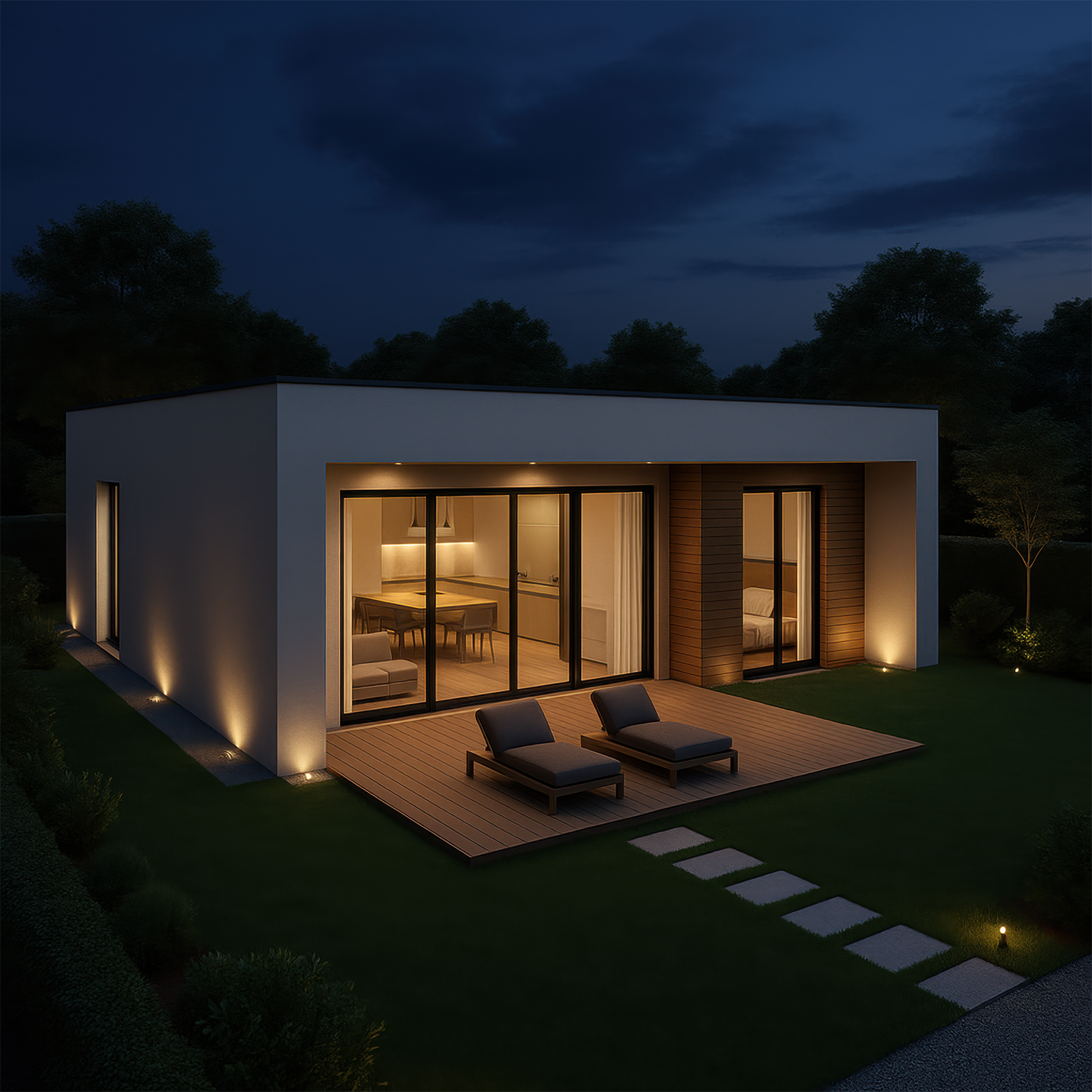 Interior view of a house under construction with blue steel framing and a large sliding glass door, overlooking a grassy field and trees outside.