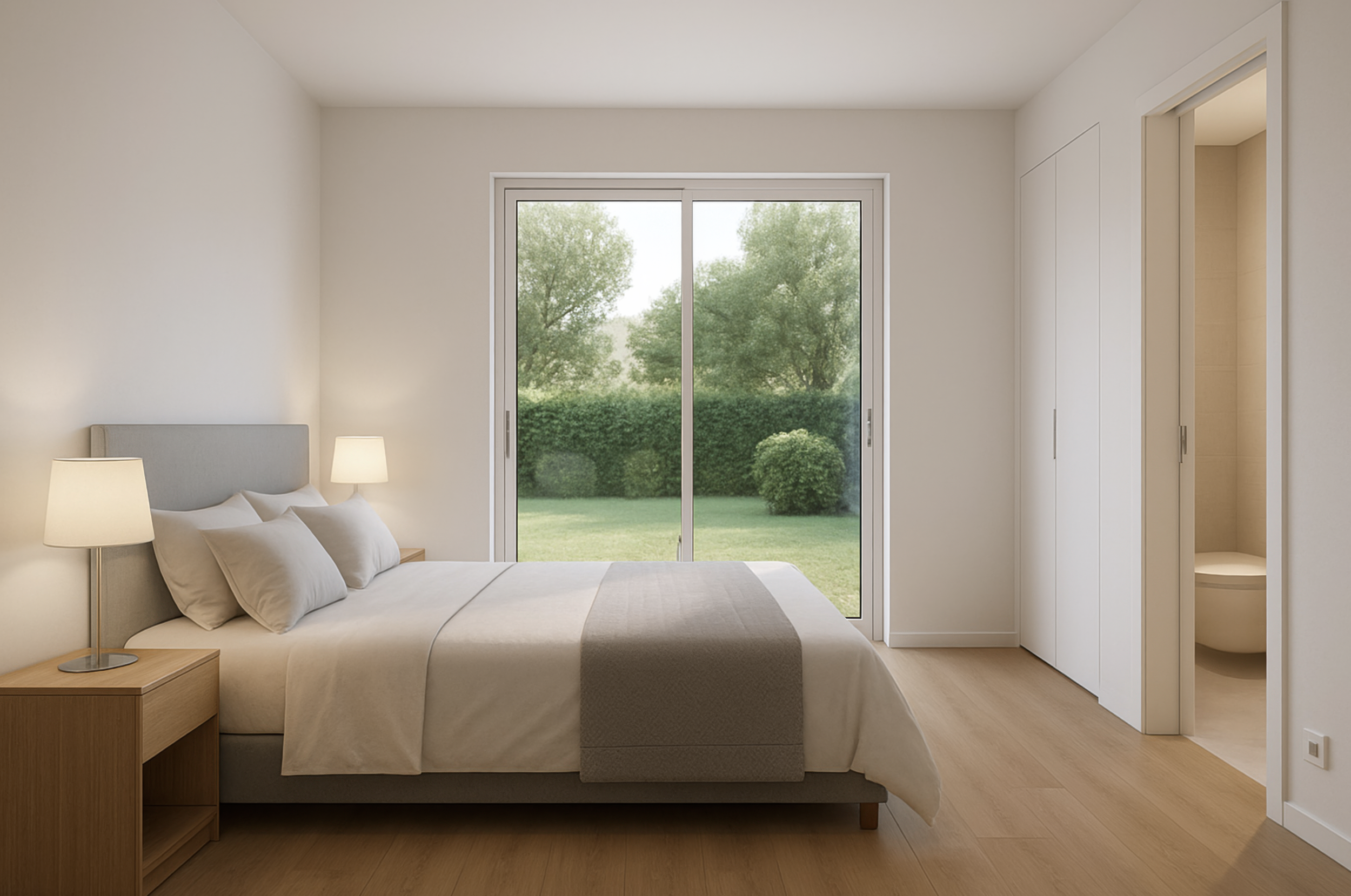 A modern bedroom with a large bed, side tables with lamps, and a large window showing greenery outside. There is a small bathroom visible through an open door.