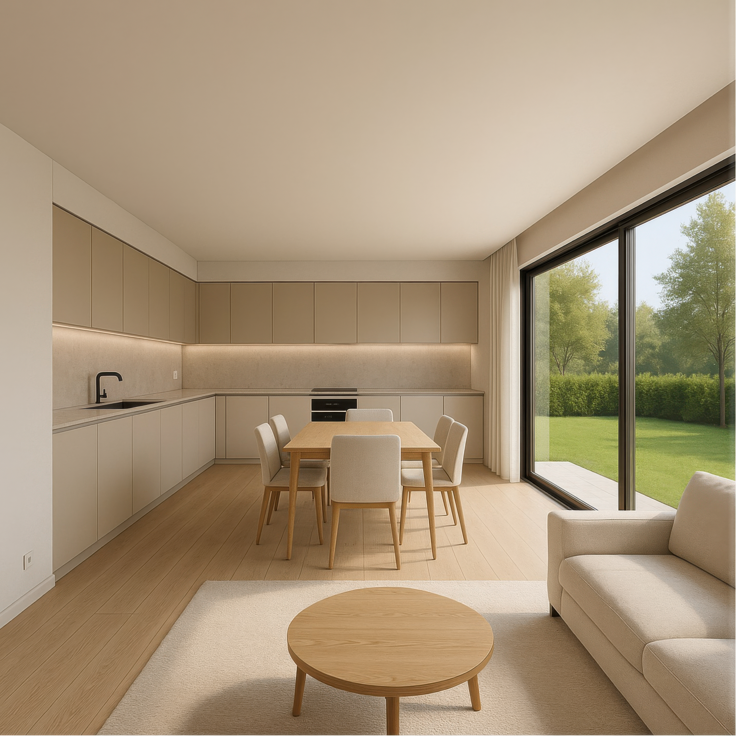 Under construction blue steel house frame on dirt lot with cloudy sky.