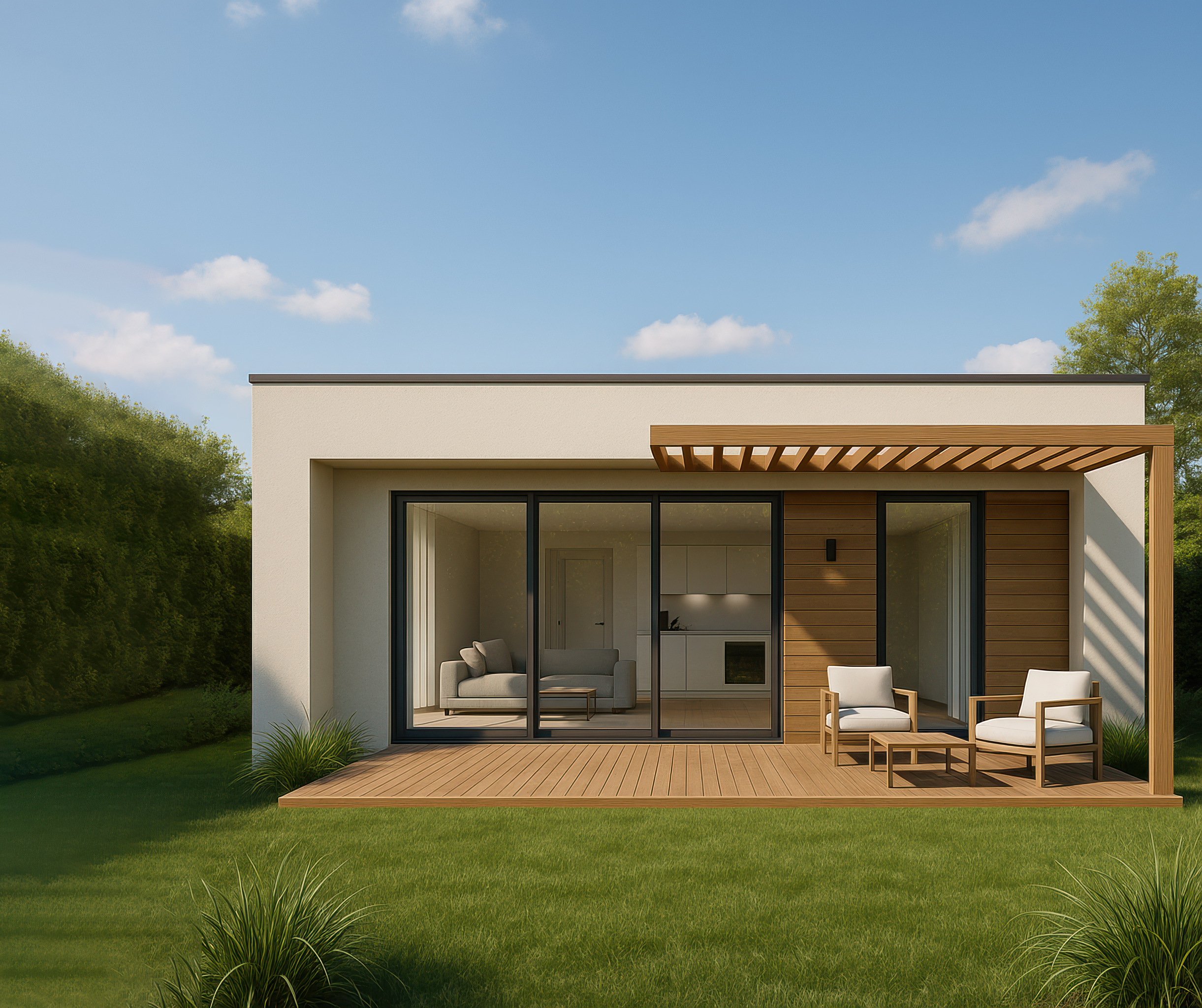 Under construction blue steel house frame on dirt lot with cloudy sky.