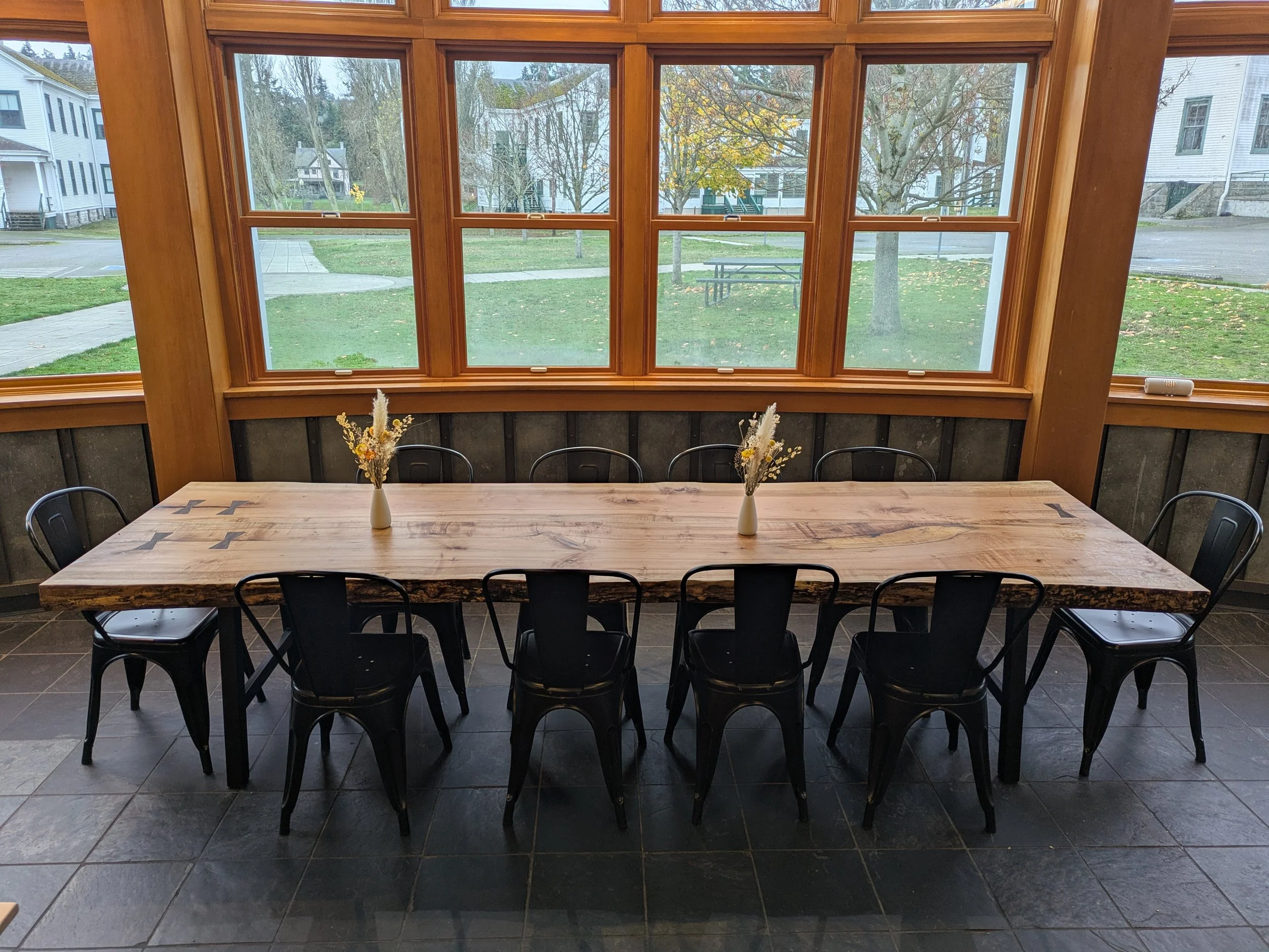 Handcrafted live edge maple slab dining table, front view, natural hardwax oil finish