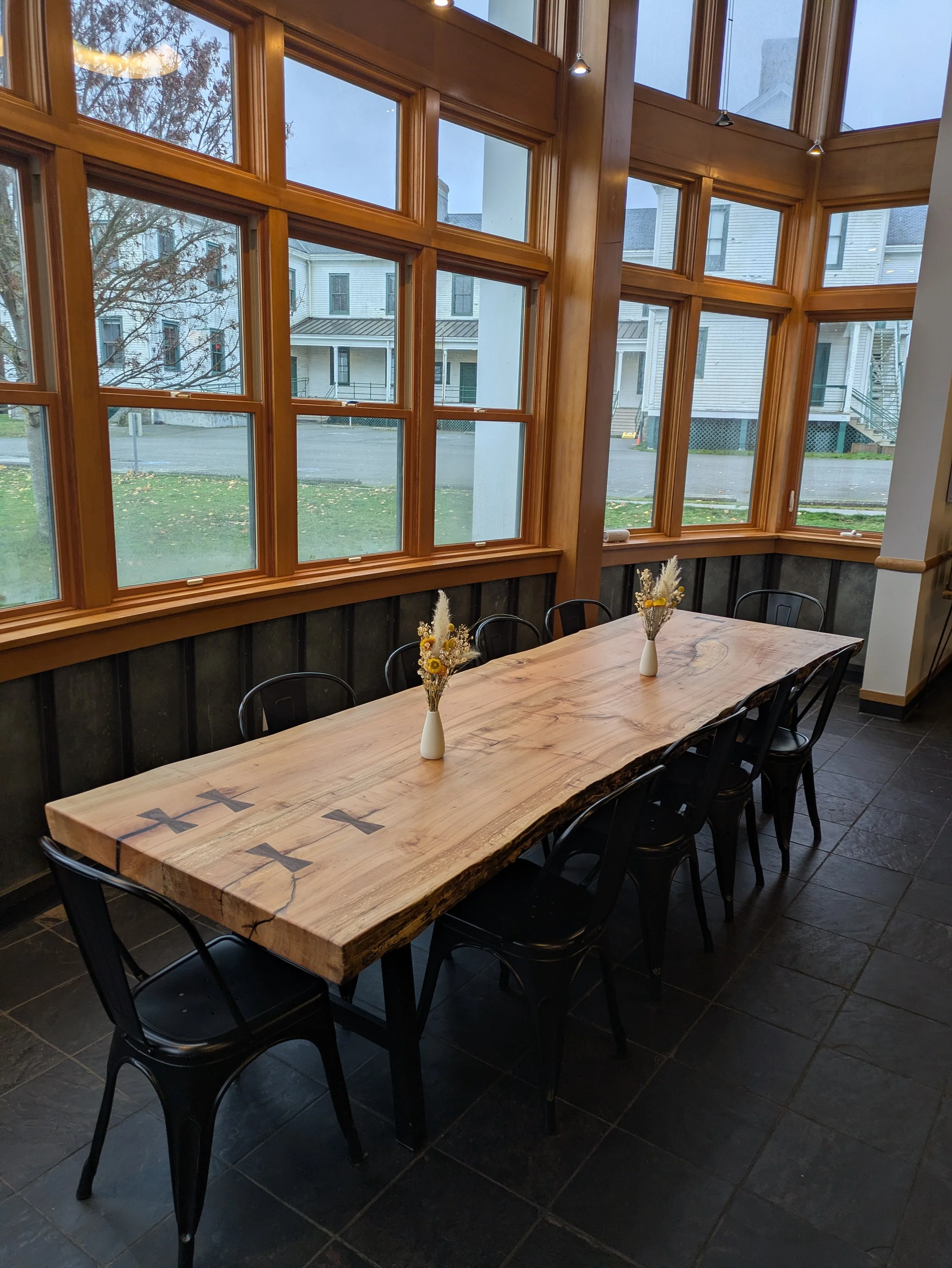 Custom big leaf maple slab dining table with dovetail keys, seats 12, Pacific Northwest