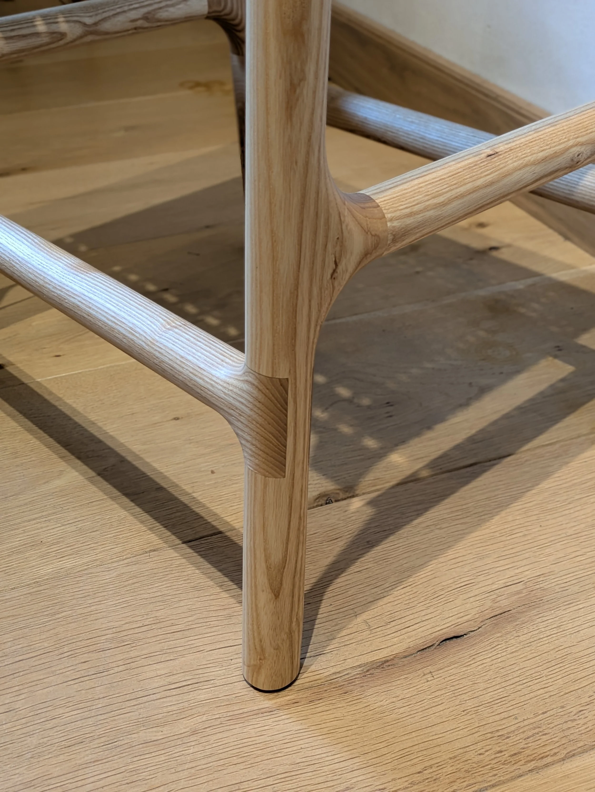 Housed and haunched bridal joint detail on solid ash Rast stool footrest