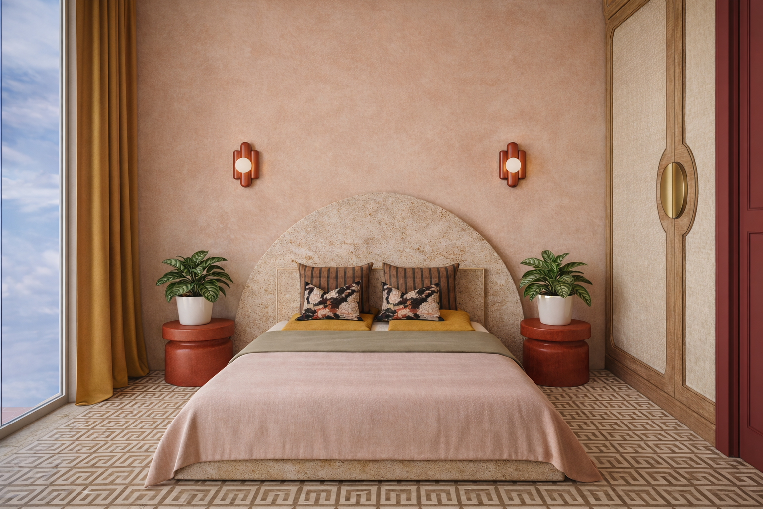 Chambre ambiance méditerranéenne; Tête de lit sur mesure en travertin; Peinture à la chaud; Teinte chaudes; Rideaux velours ocre; Meuble sur mesure; Bois et Rotin; Carreaux de ciment; Céramique; Idée chambre parentale; Idée chambre d'amis