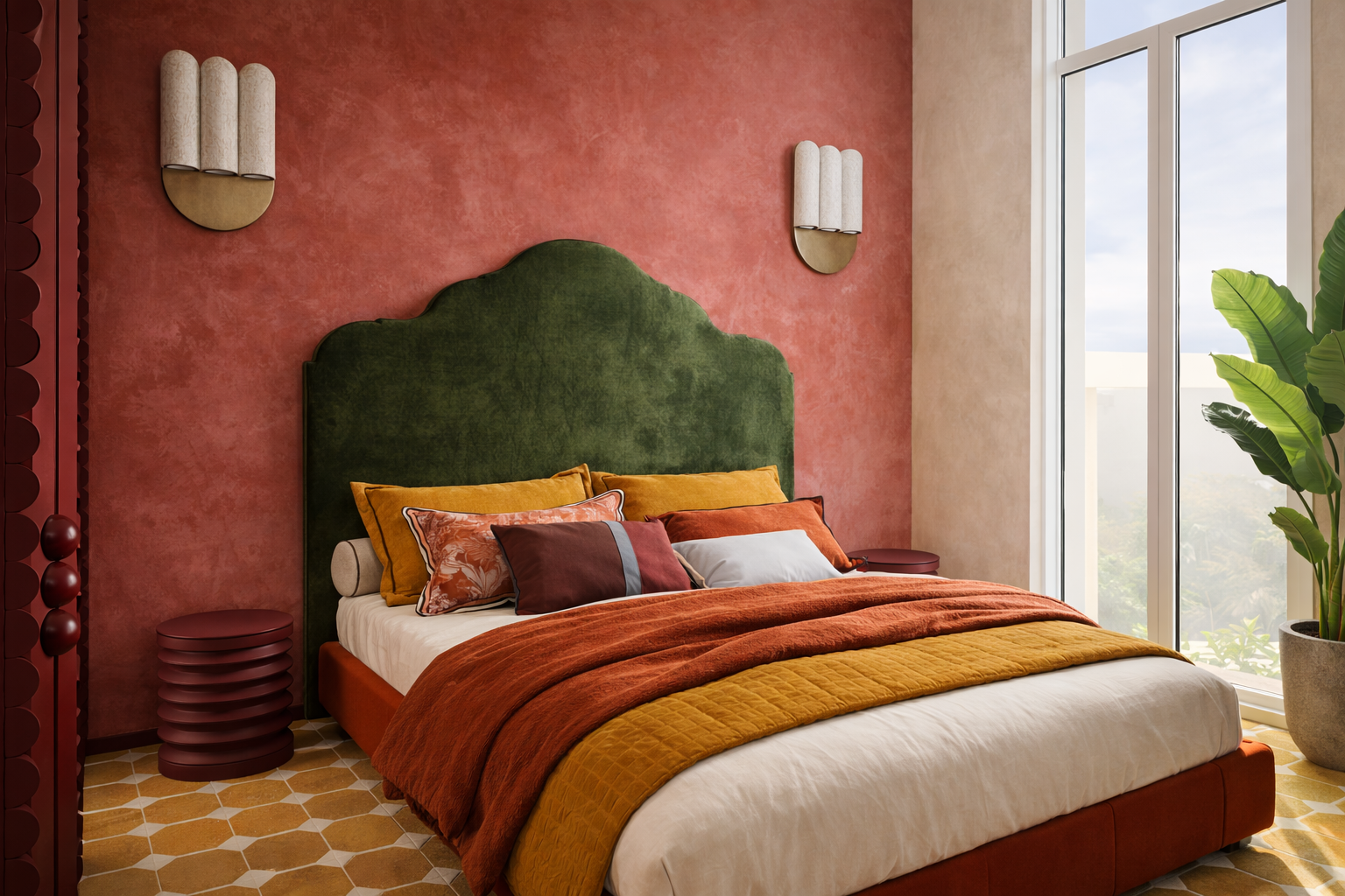 Chambre inspiration Méditerranée et Marocaine; Velours; Applique design marbre; Peinture à la chaux; Carreaux de ciment ocre; Mobilier sur mesure; Armoire avec frise ronde; Chambre lumineuse