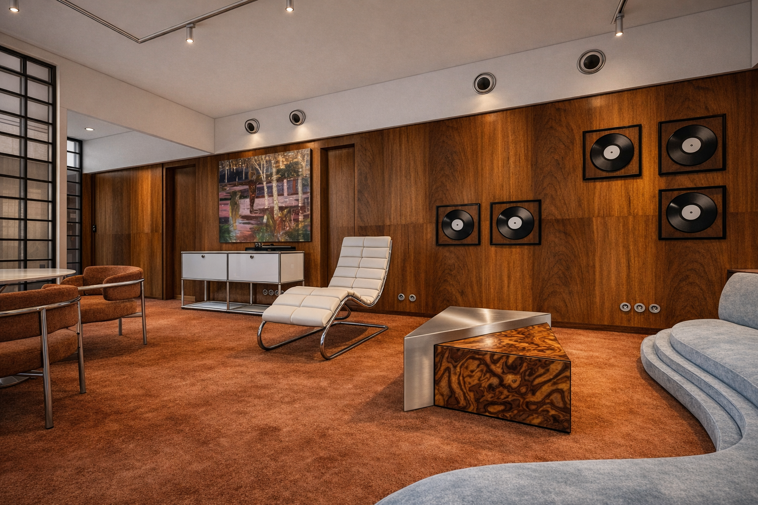 Un salon moderne aux allures mid-century, pensé comme un véritable studio de musique . La moquette au sol assure une acoustique optimale. Les panneaux en noyer  le long des murs intègrent discrètement les portes dans le décor.  Les meubles vintage